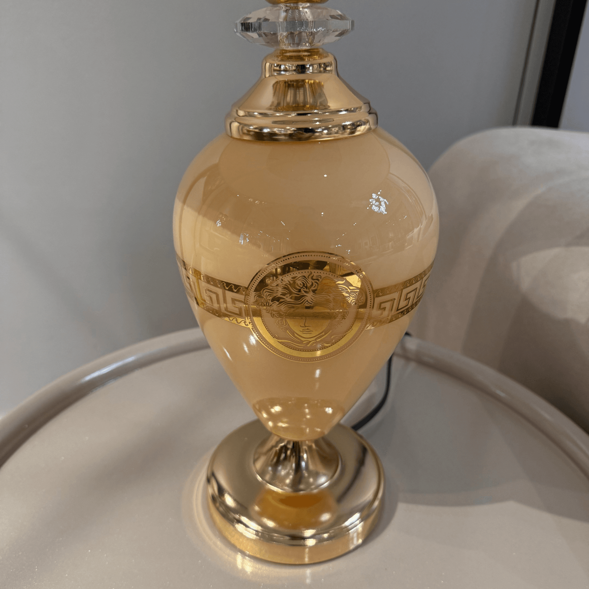 Ferozzi Beige & Gold Greek Key Ceramic Table Lamp – Elegant Home Decor –