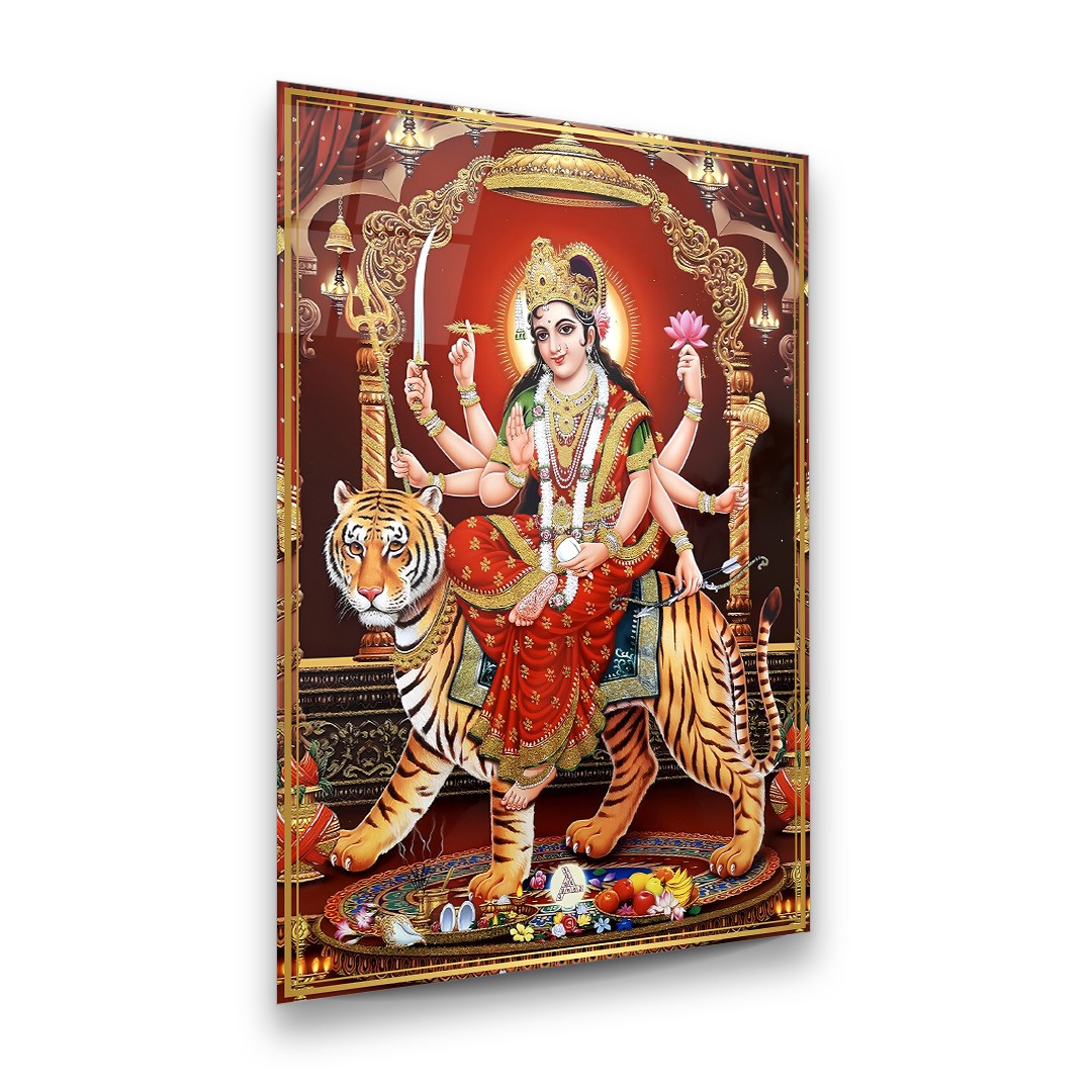 Goddess Durga on Tiger - Premium Tempered Glass Wall Art Rectangle