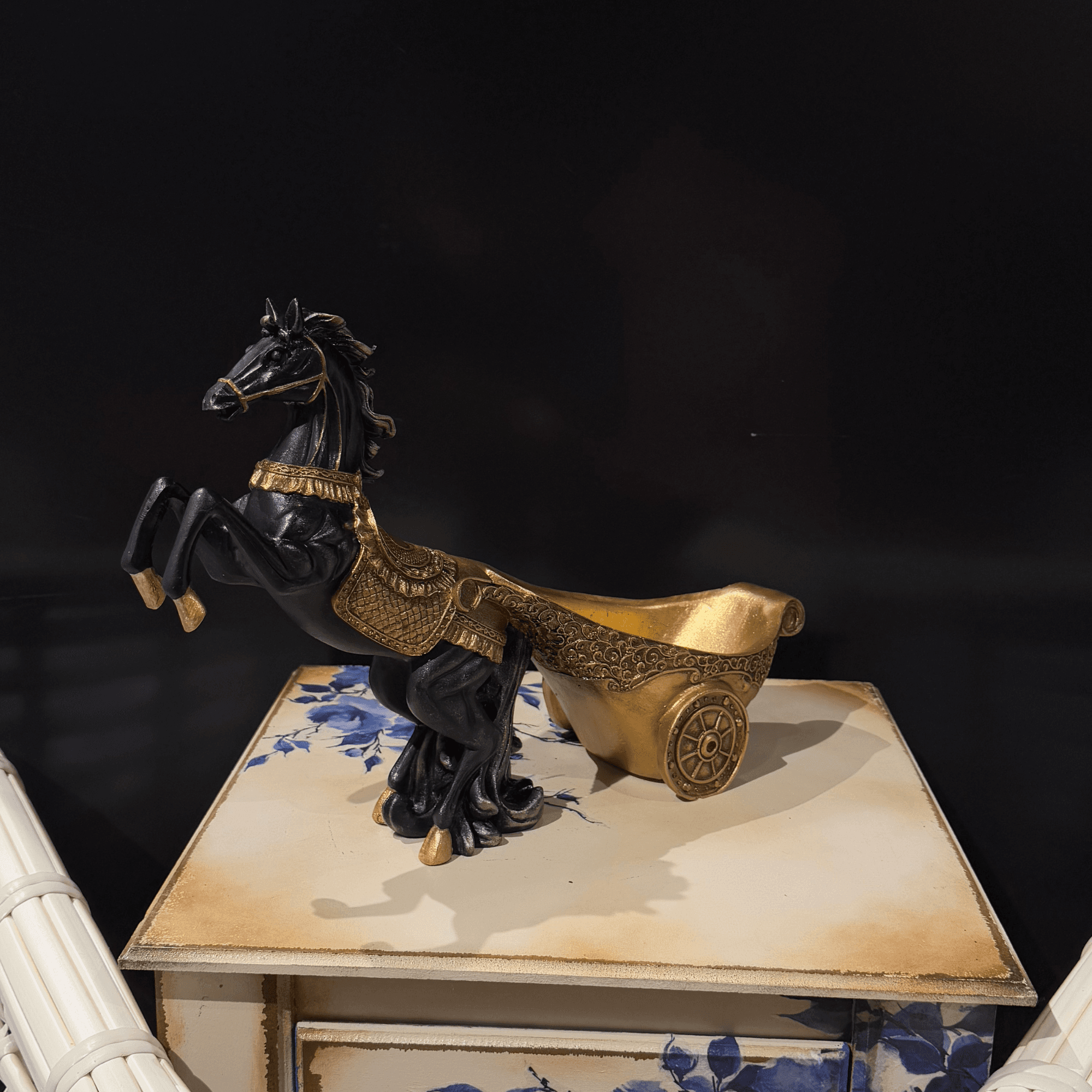 Black Horse Wine Holder with Gold Chariot – Decorative Sculpture