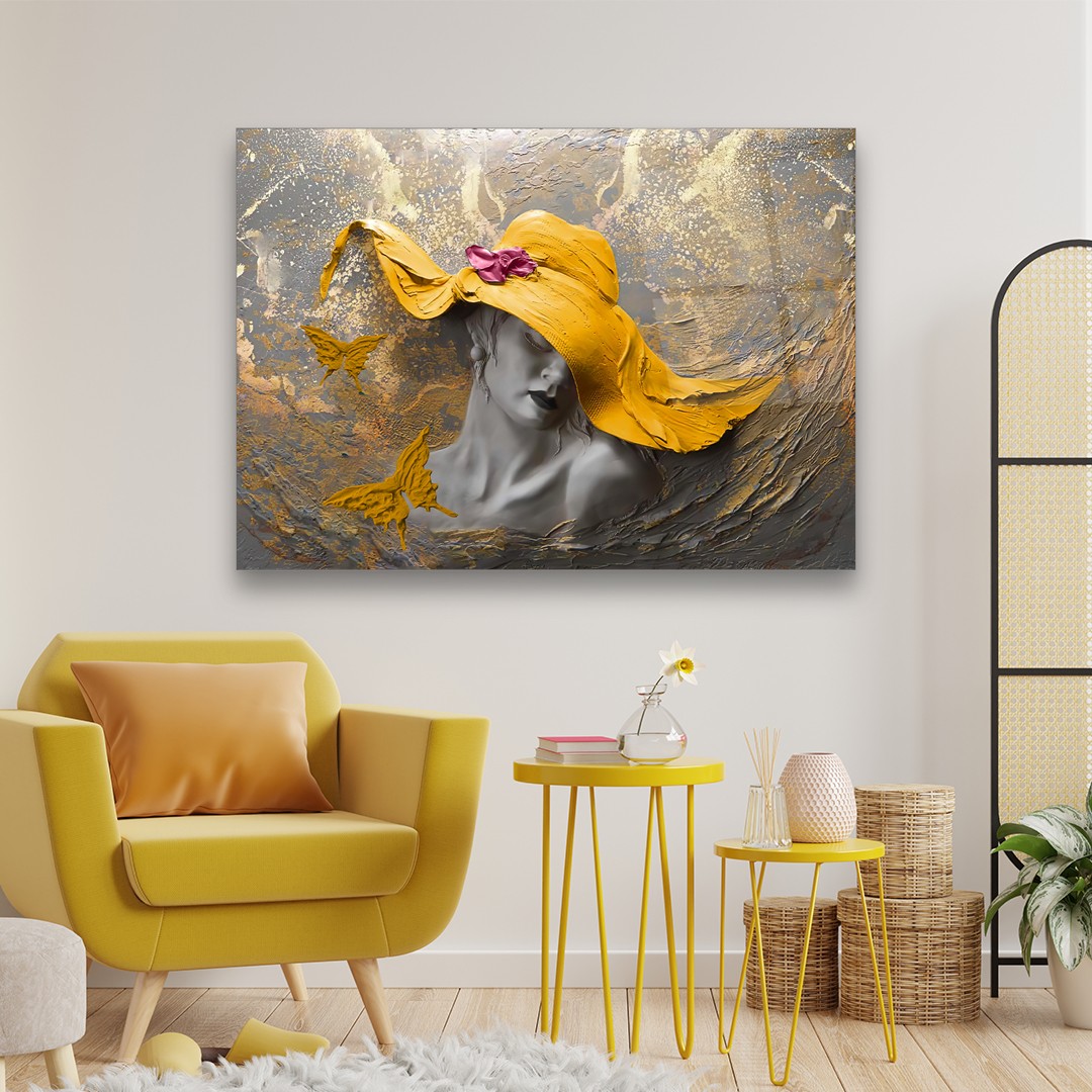 Woman in Yellow Hat - Horizontal Wall Glass Art