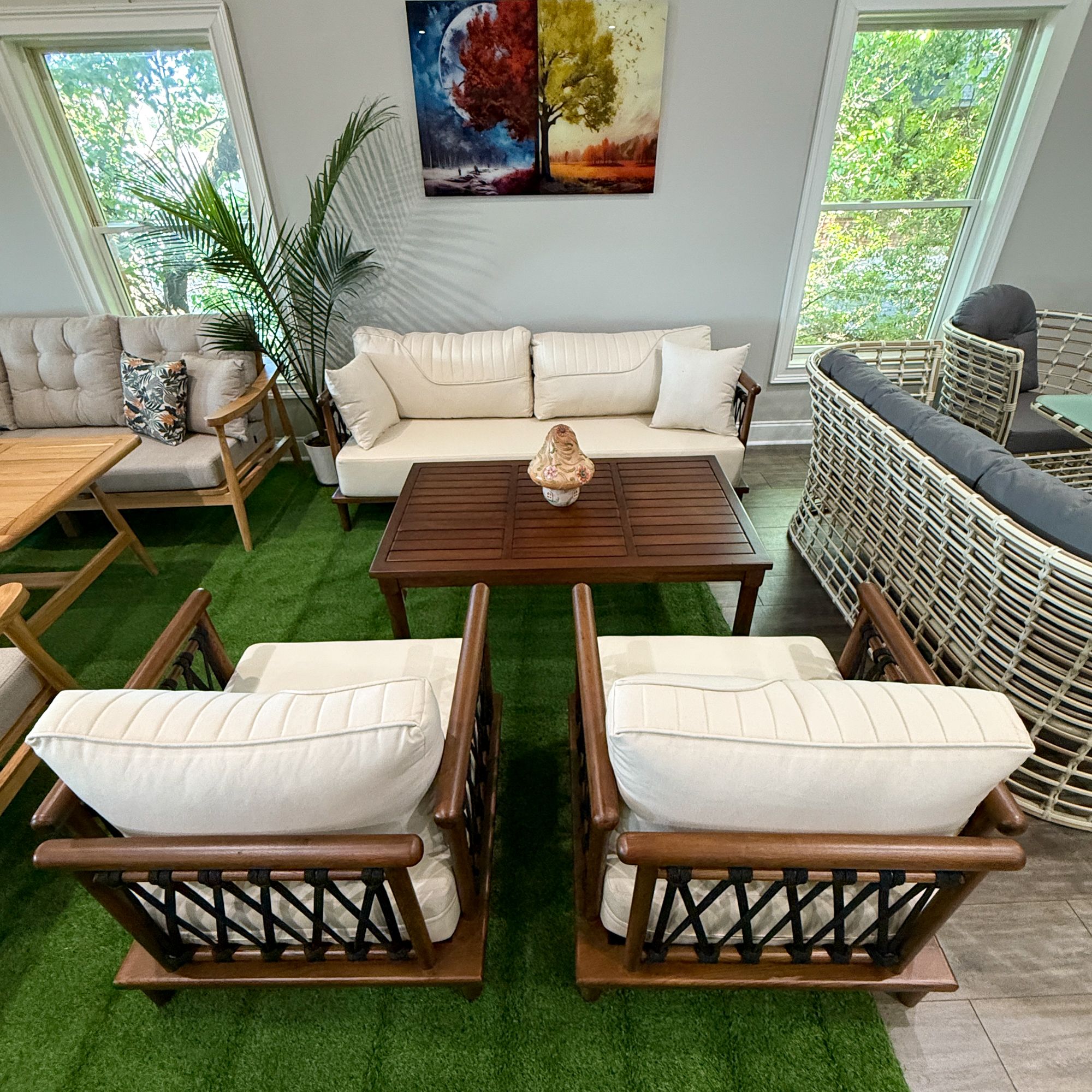 Ferozzi Santorini Outdoor Teak Sofa Set – 3-Seater + 2 Armchairs + Coffee Table | Waterproof Cushions