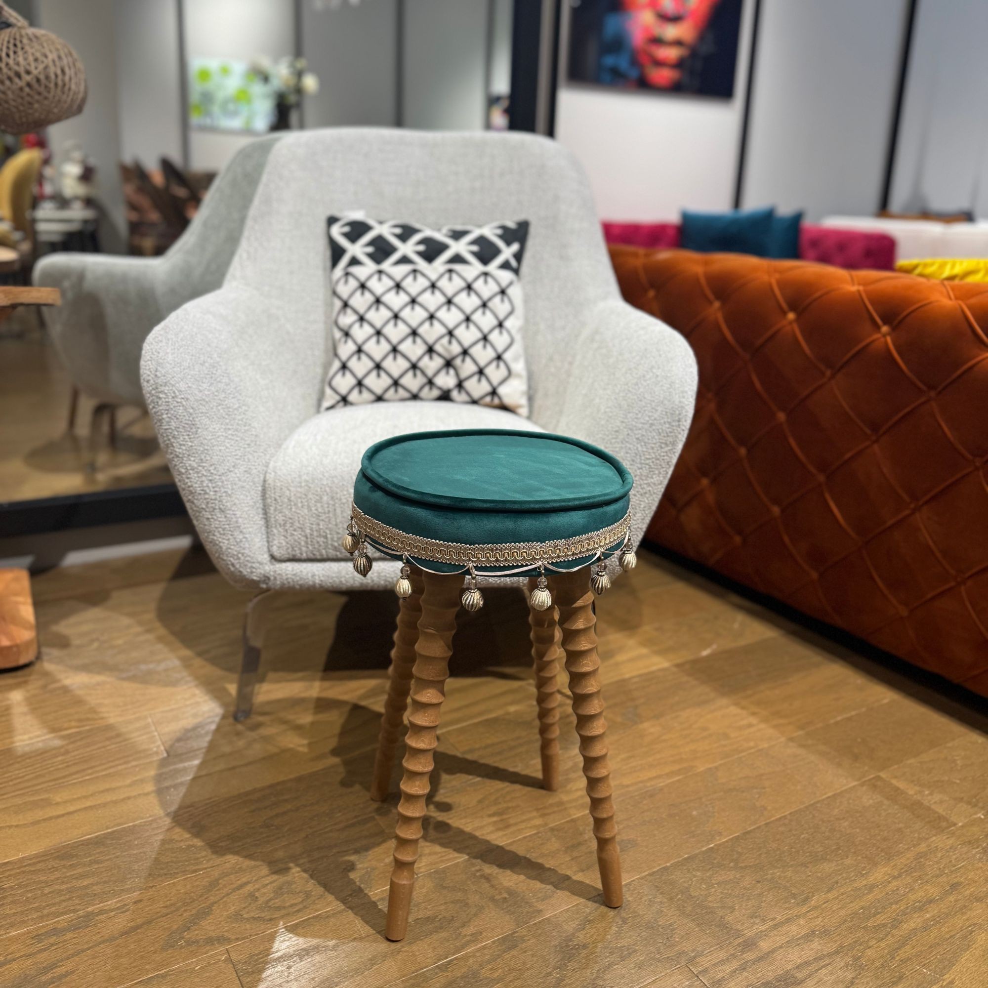 Emerald Green Velvet Accent Stool - Handmade