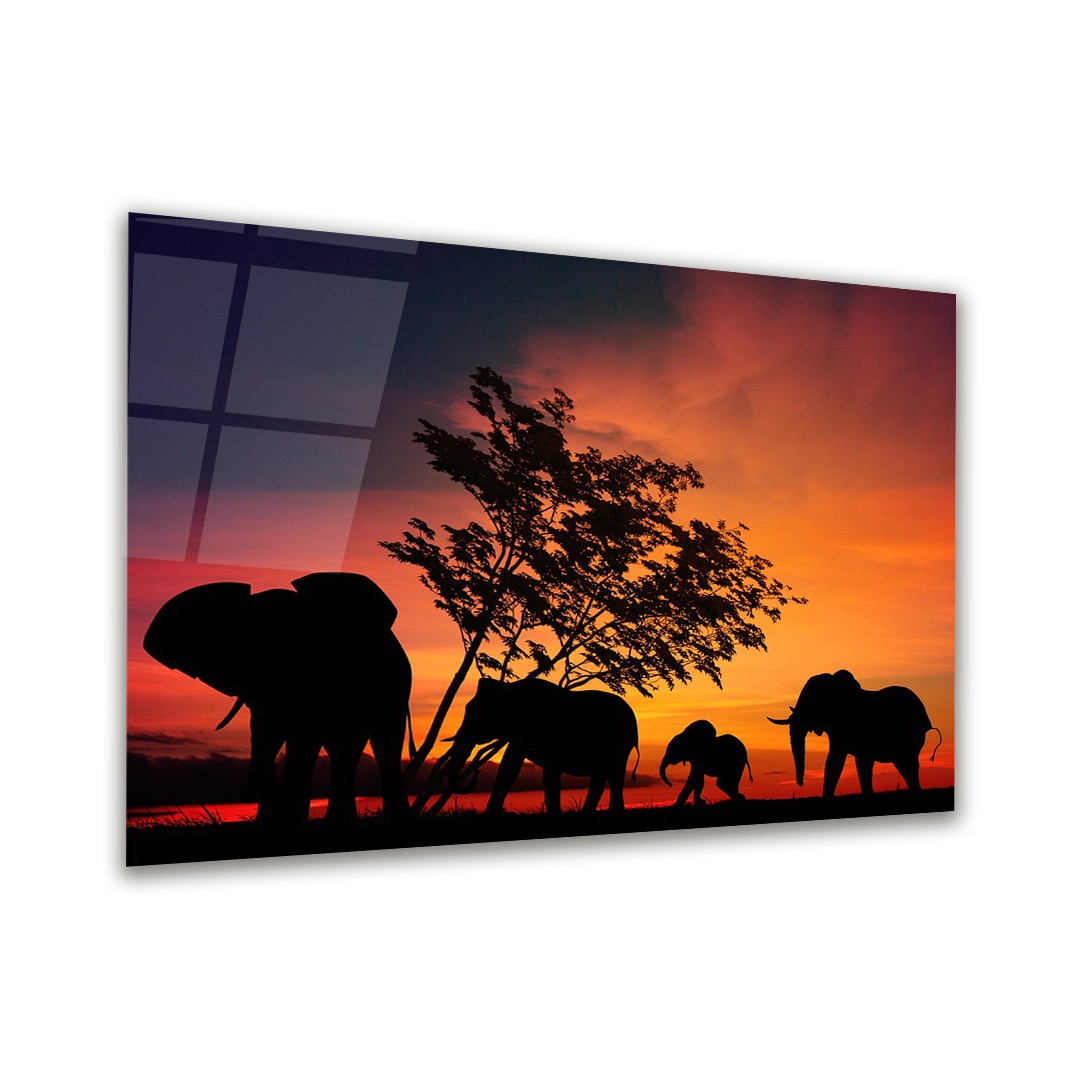 Elephant Family - Horizontal Glass Art