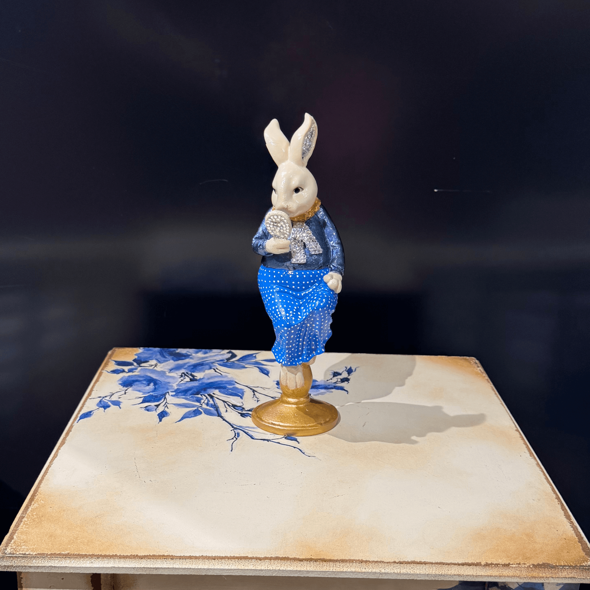 Ferozzi Elegant Blue Dress Rabbit Figurine – Handcrafted Vintage-Inspired Home & Vanity Decor