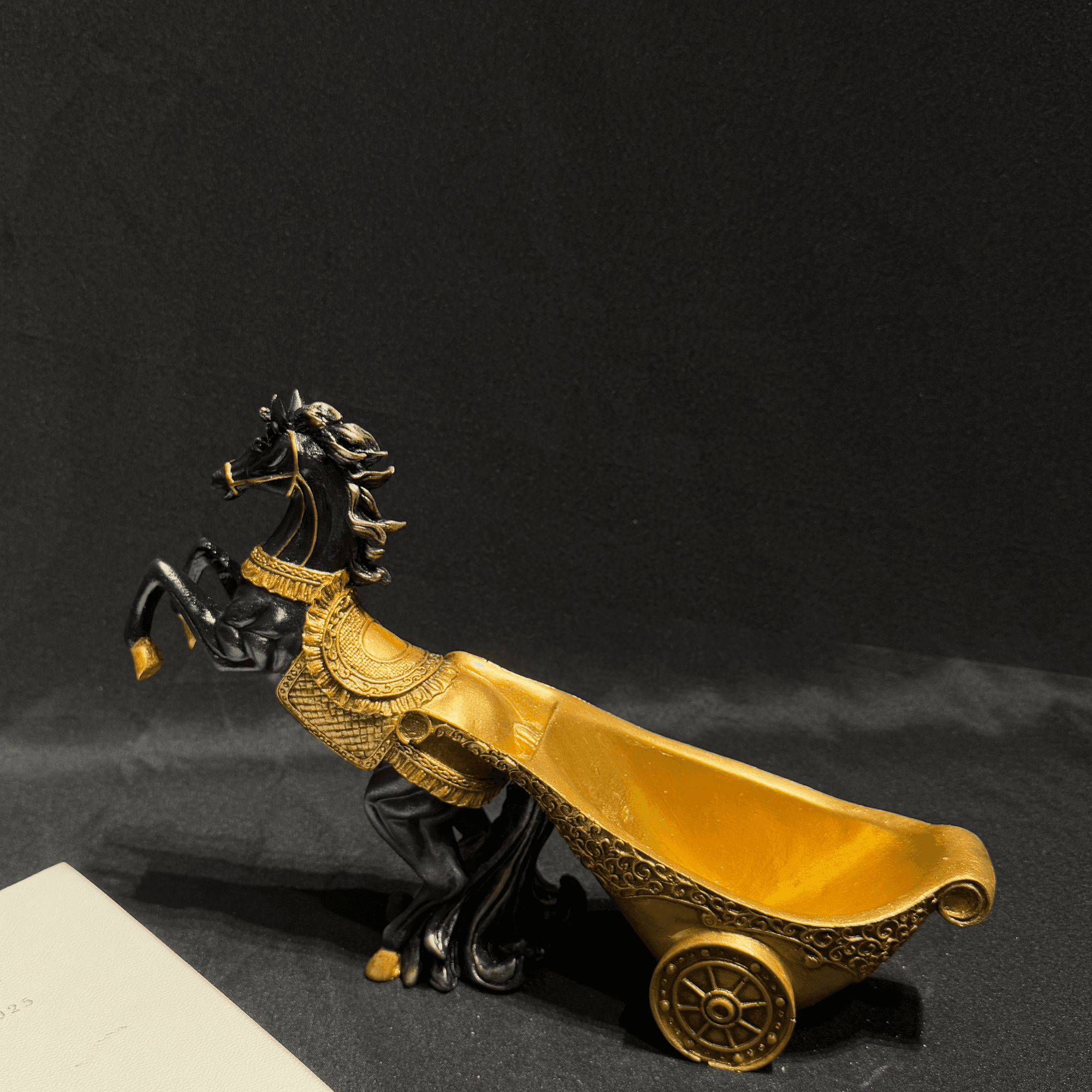 Black Horse Wine Holder with Gold Chariot – Decorative Sculpture