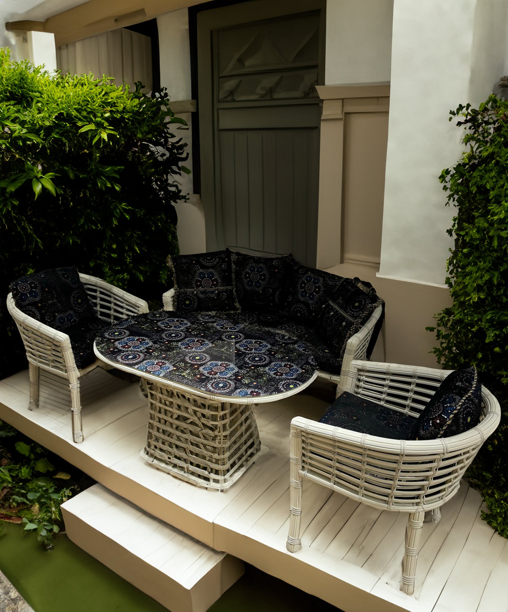 Ferozzi Midnight Mosaic Rattan Seating Set - 4-Piece with UV-Printed Glass Table