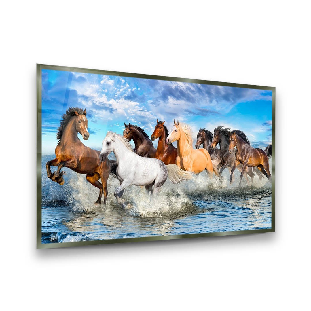 Water Horses - Premium Tempered Glass Wall Art Horizontal