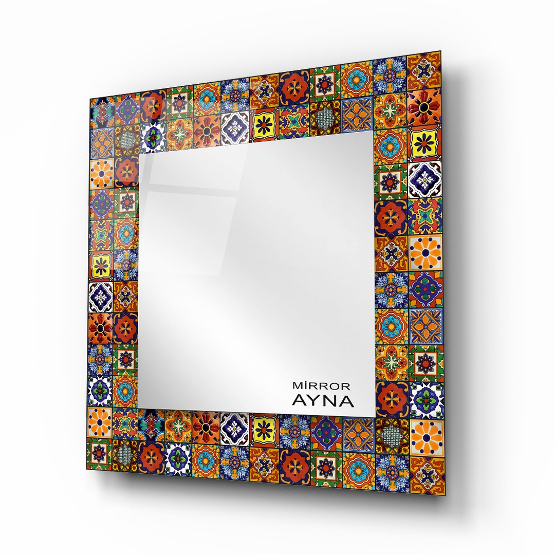 Tile Patterned Glass Mirror Three Piece Set Ayvalik - Square