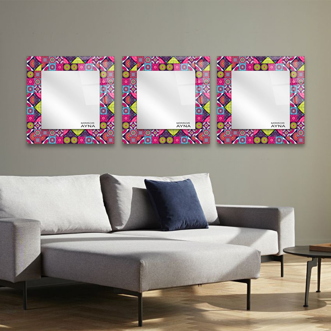 Tile Patterned Glass Mirror Three Piece Set Datca - Square