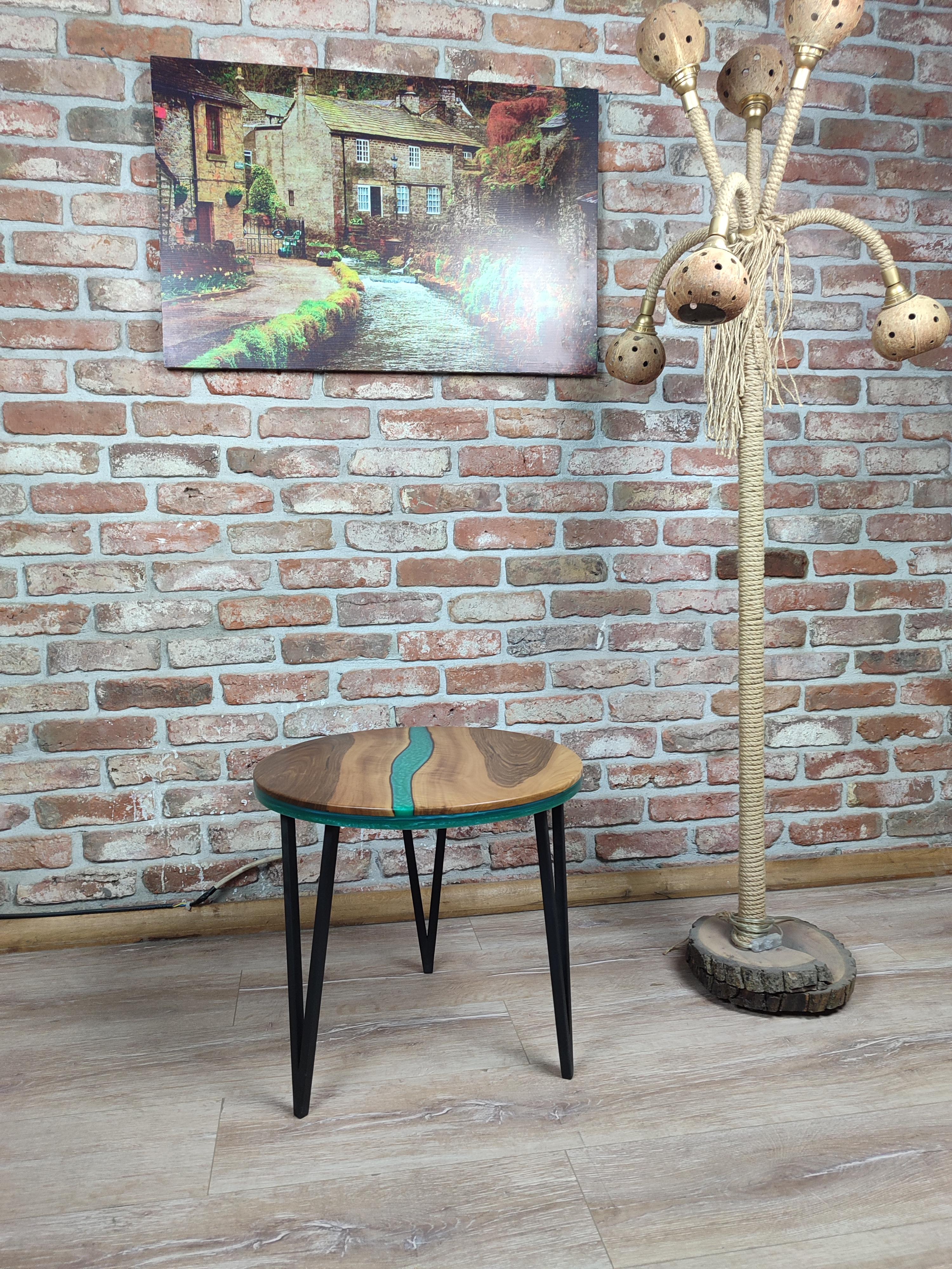 Walnut Accent Table with Black Metal Legs and water green epoxy decorations.