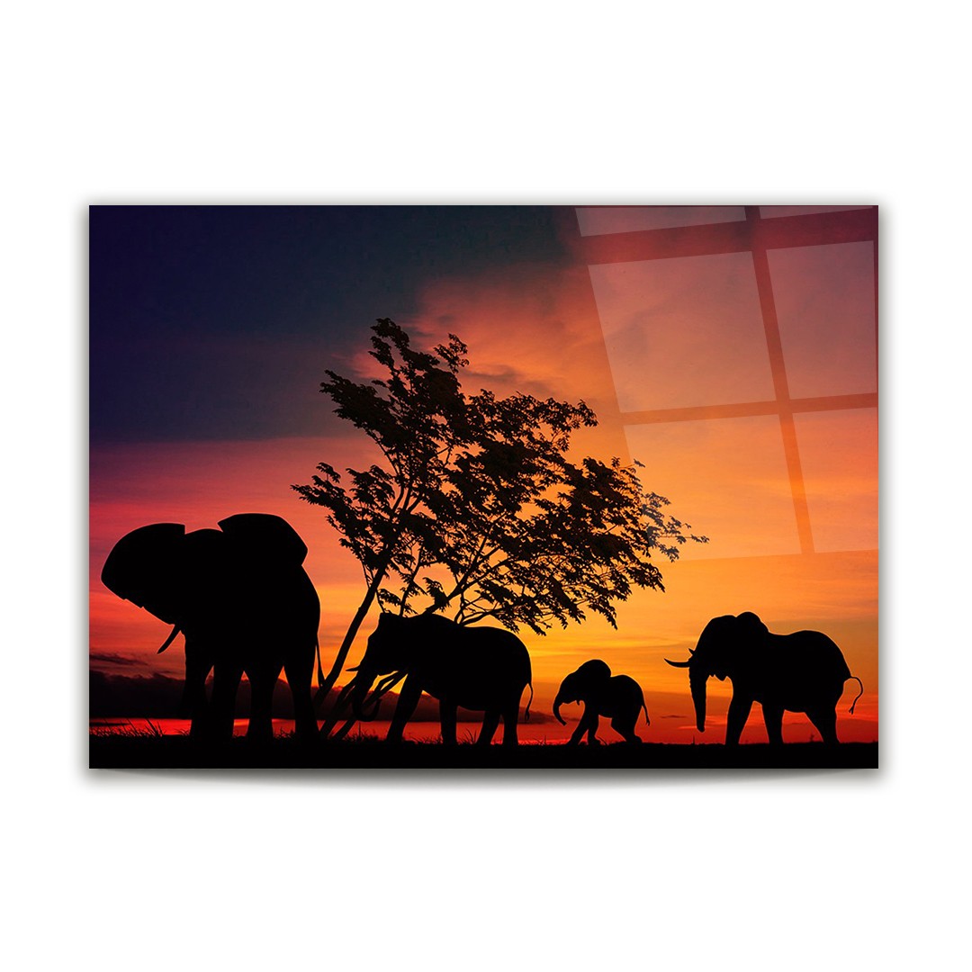 Elephant Family - Horizontal Glass Art