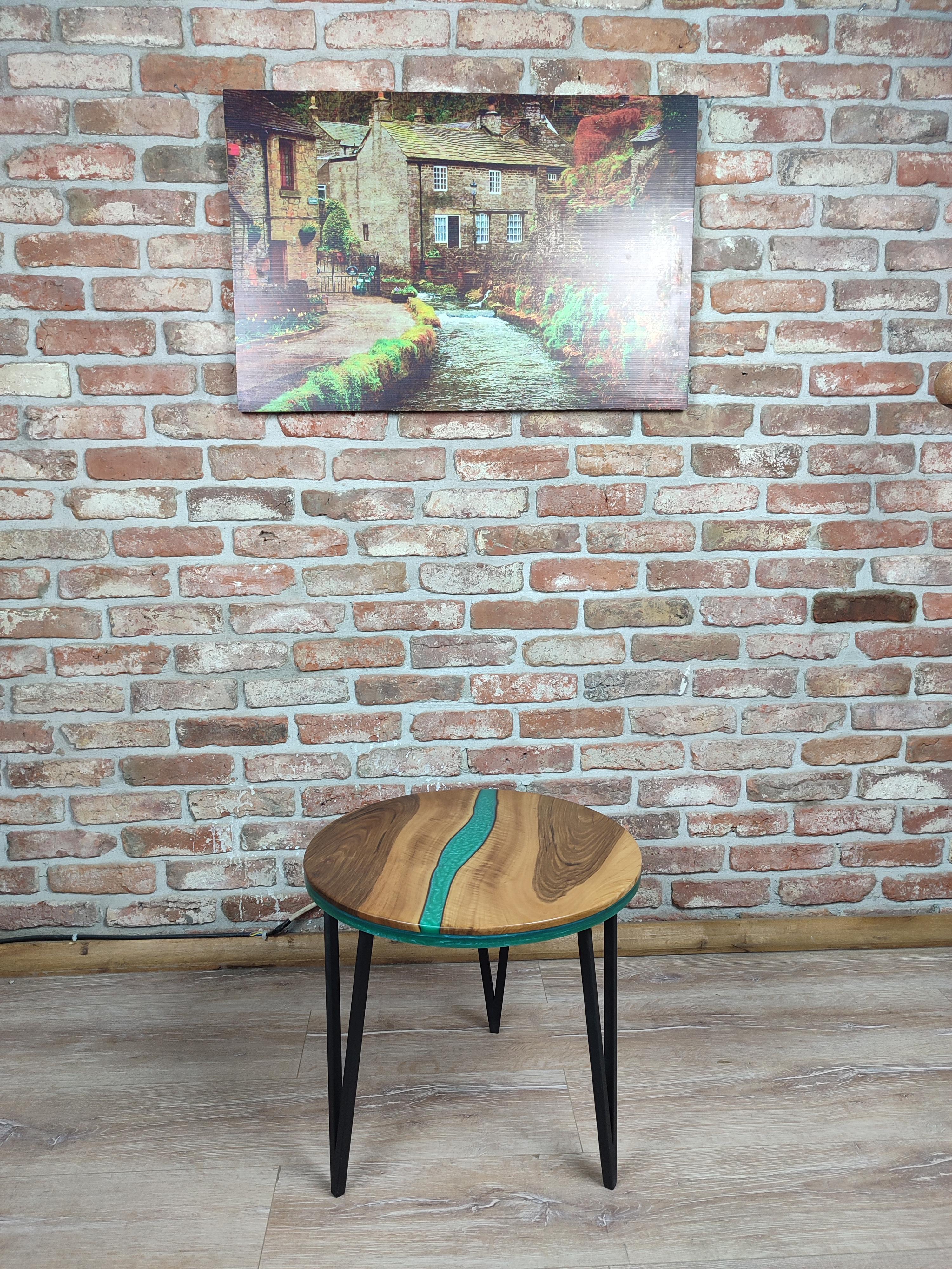 Walnut Accent Table with Black Metal Legs and water green epoxy decorations.