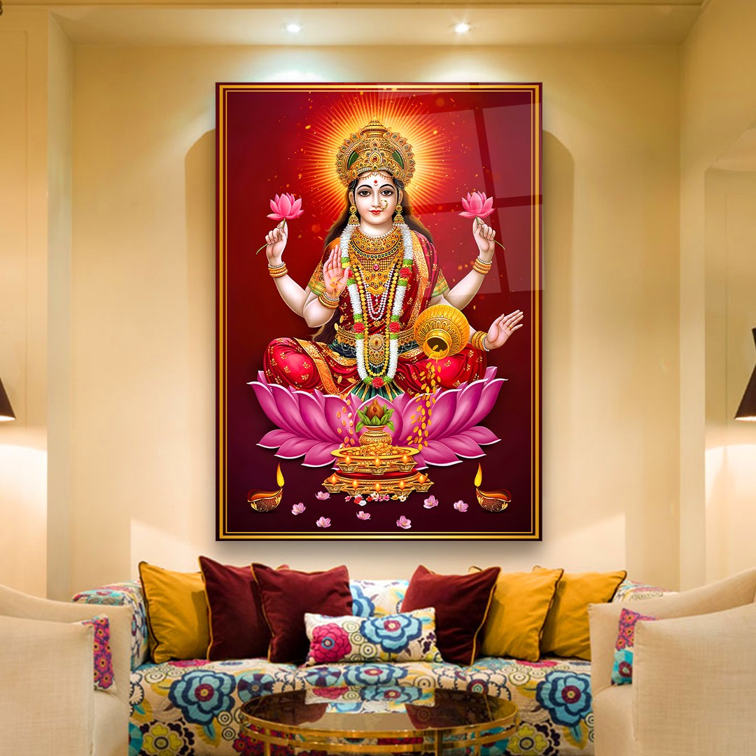 Goddess Lakshmi on Lotus - Premium Tempered Glass Wall Art Rectangle