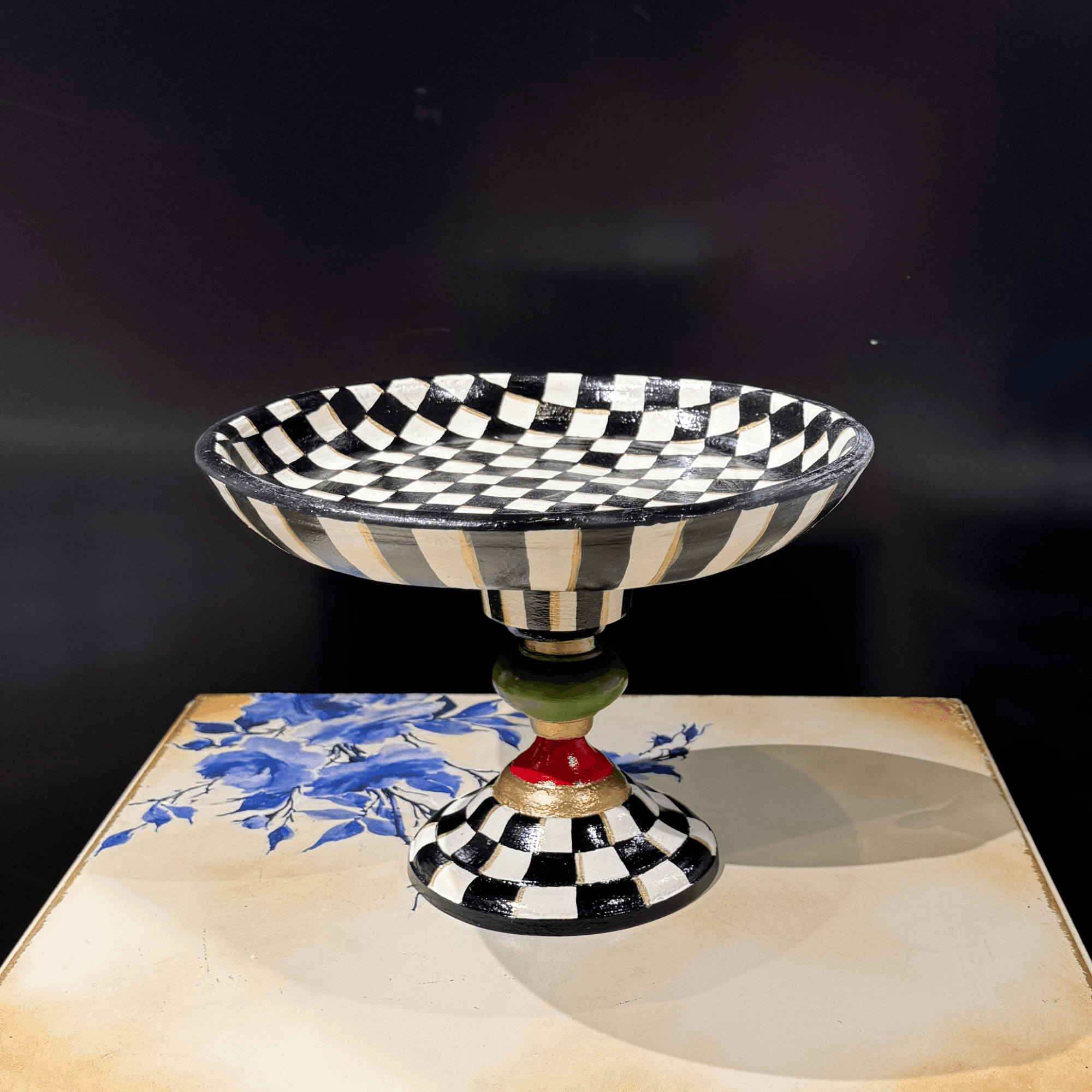 Ferozzi Handcrafted Checkered Pedestal Bowl – Artistic Decorative Centerpiece for Home & Dining