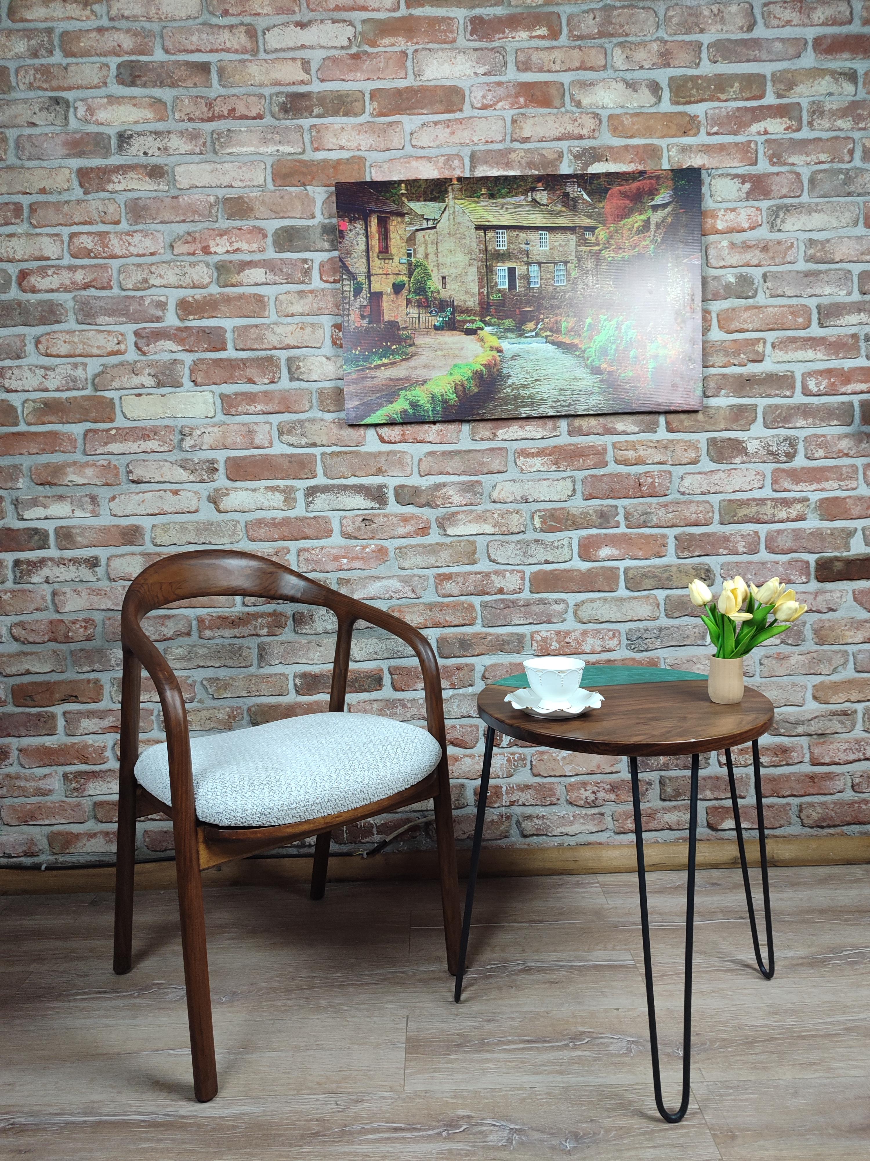 Walnut Accent Table with Black Metal Legs and Dark Green Epoxy Decorations