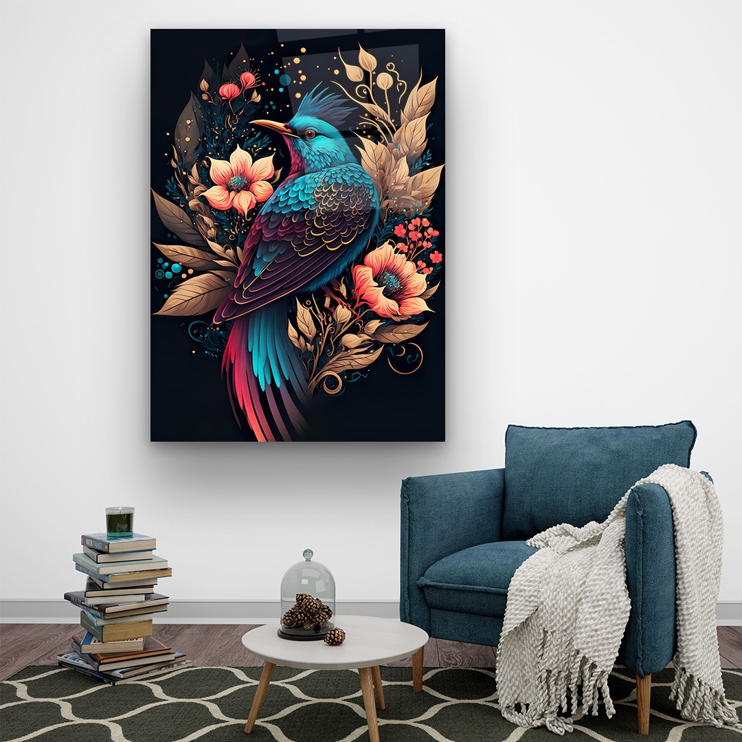 Bird And Flowers Manipulation - Rectangle Wall Glass Art