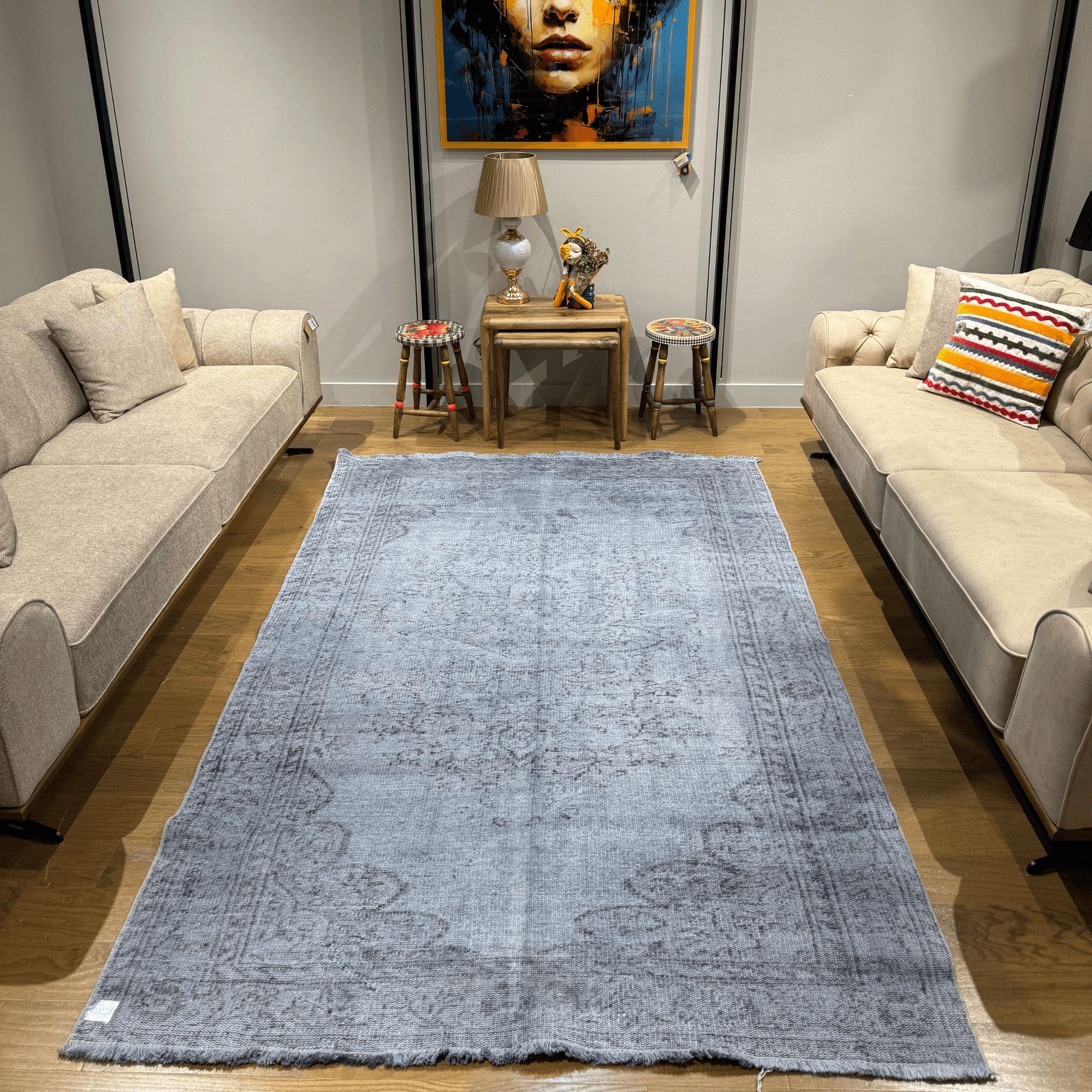 Ferozzi Misty Sky Vintage Rug – Handmade Overdyed Wool Area Rug – 6x9 Soft Distressed Blue