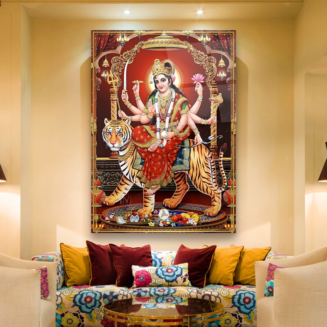 Goddess Durga on Tiger - Premium Tempered Glass Wall Art Rectangle