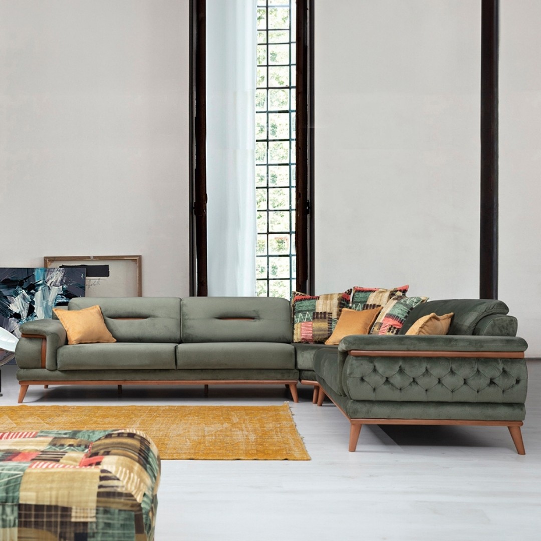 Poyraz Sectional Sofa Set ( L + Ottoman + Armchair ) - Green