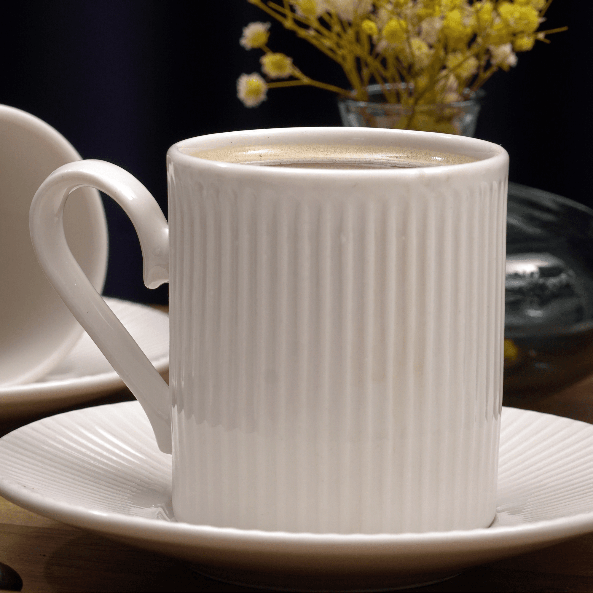 Elif Plain Ribbed White Porcelain Coffee Cup Set 12 pcs  – Modern and Elegant Design for Sophisticated Coffee Lovers