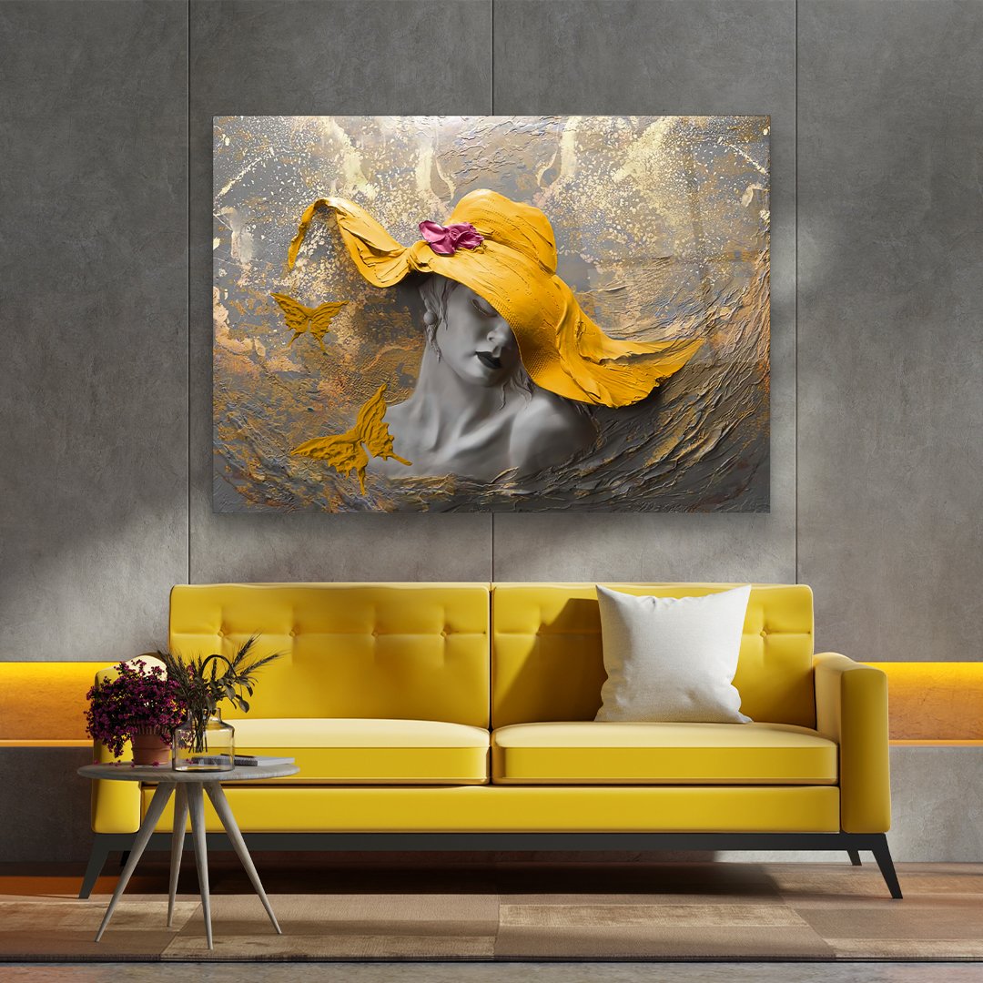 Woman in Yellow Hat - Horizontal Wall Glass Art