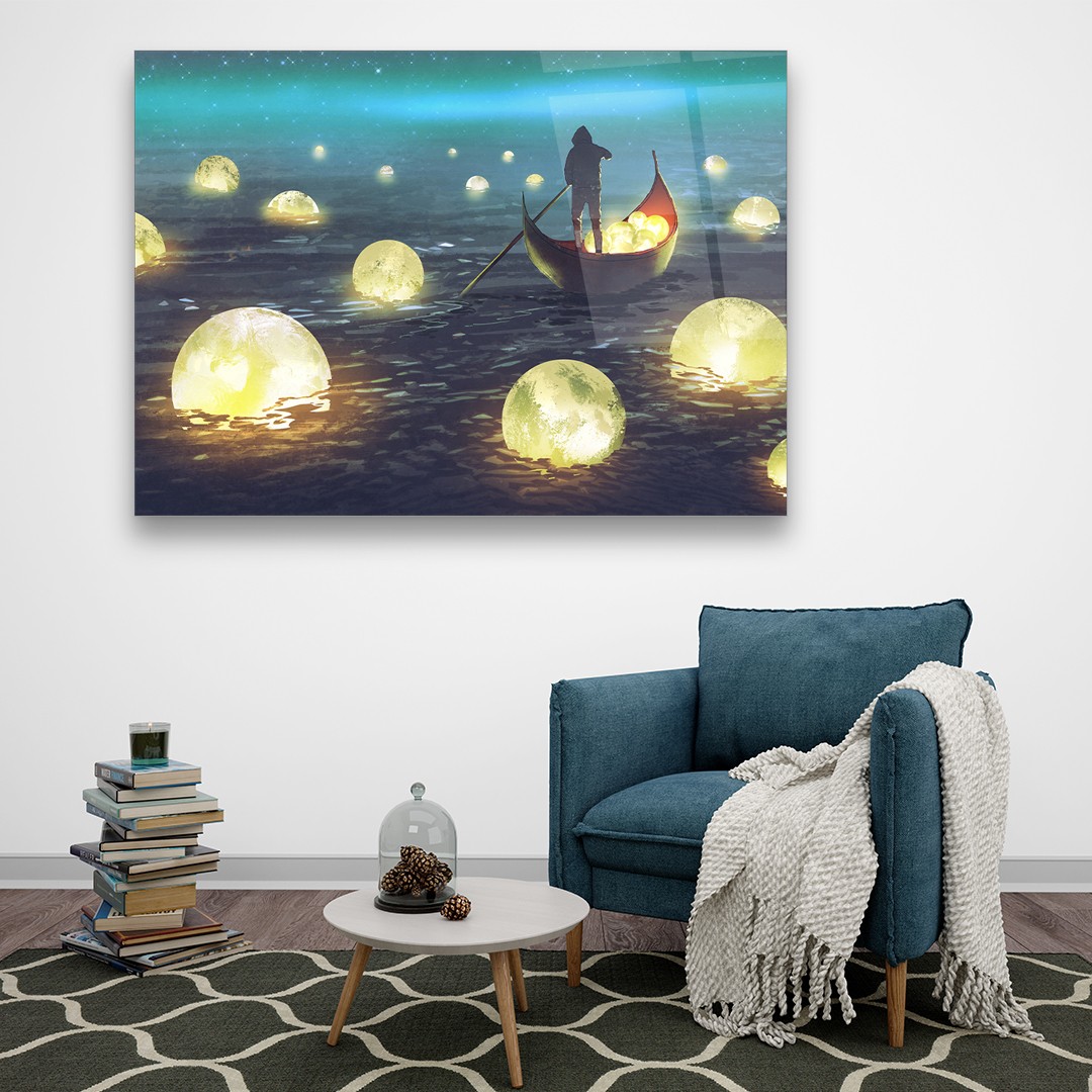 Balls Of Light and Lost Boat - Horizontal Wall Glass Art