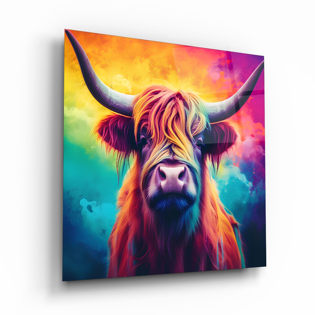 Colorful Bull - Square Wall Glass Art