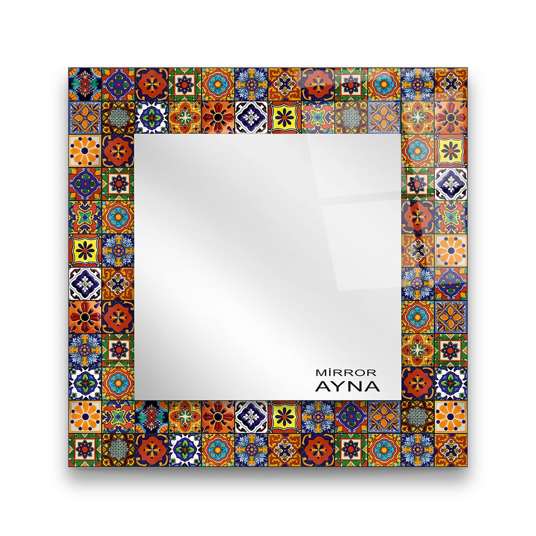 Tile Patterned Glass Mirror Three Piece Set Ayvalik - Square