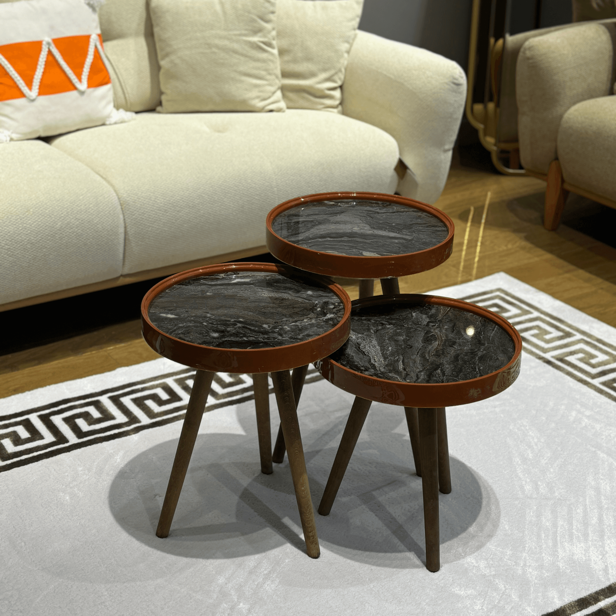 Ferozzi G -4  Black Marble-Style Round Nesting Table Set with Solid Wood Legs