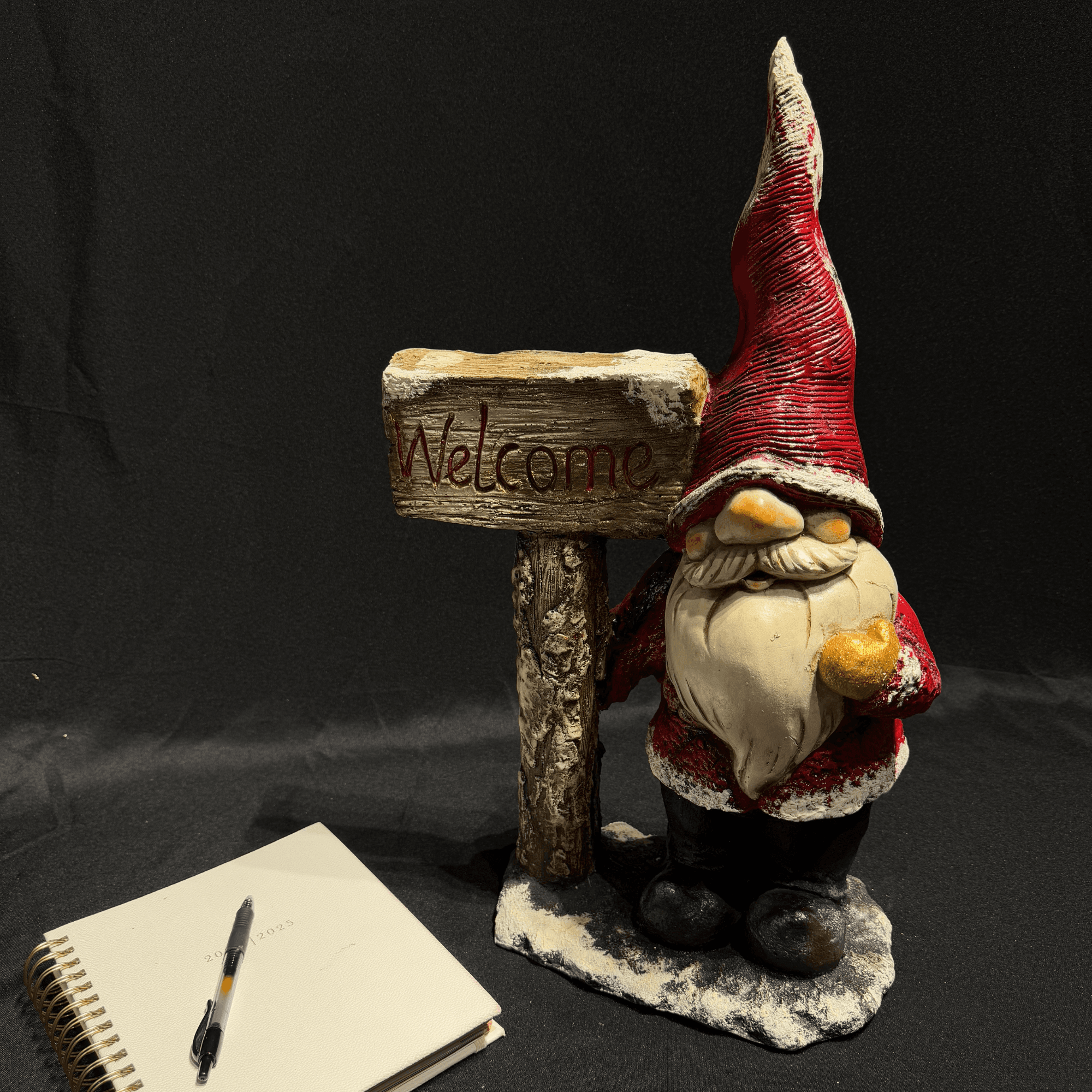 ferozzi handmade santa gnome with welcome sign and golden heart sculpture