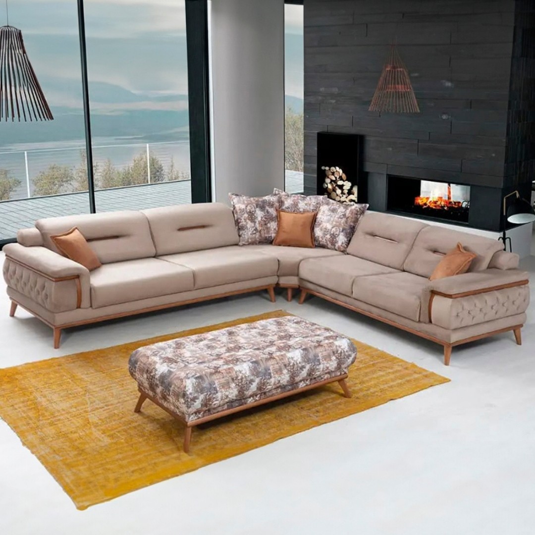 Poyraz Sectional Sofa Set ( L + Ottoman + Armchair ) - Beige