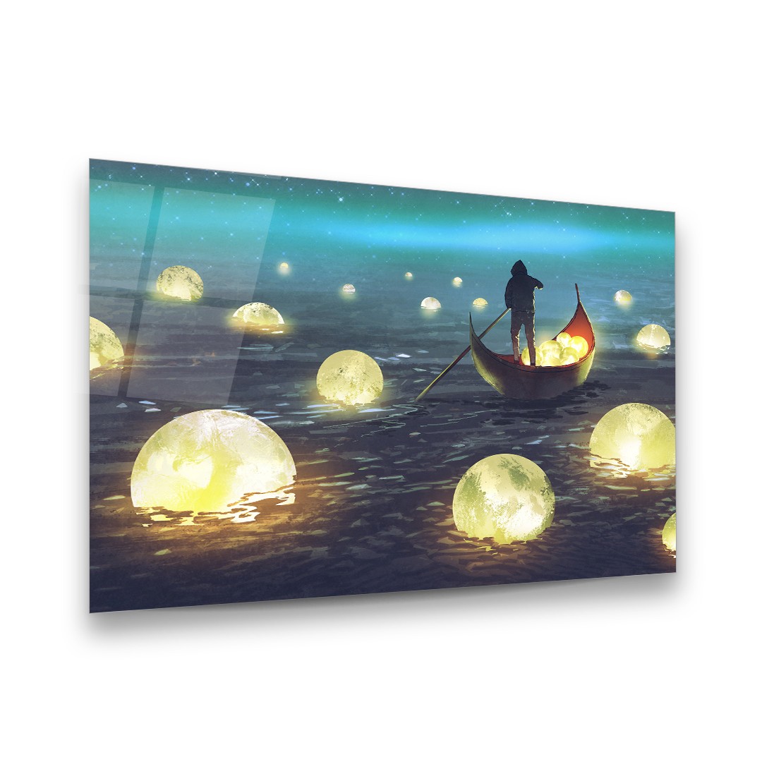 Balls Of Light and Lost Boat - Horizontal Wall Glass Art