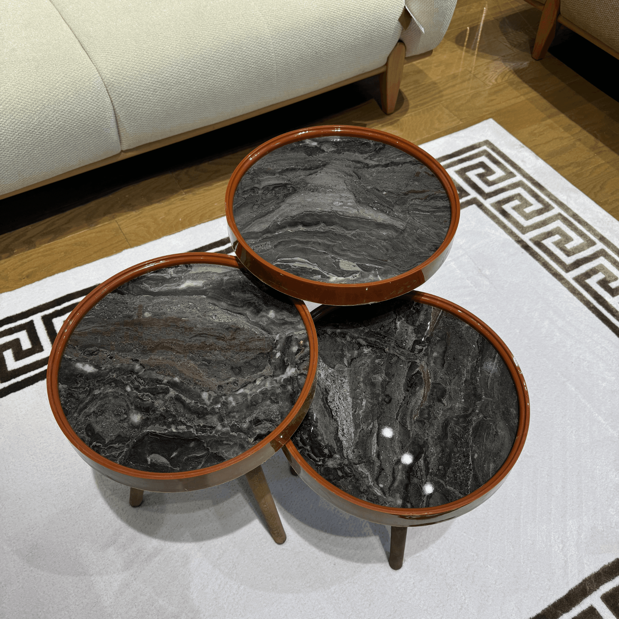 Ferozzi G -4  Black Marble-Style Round Nesting Table Set with Solid Wood Legs