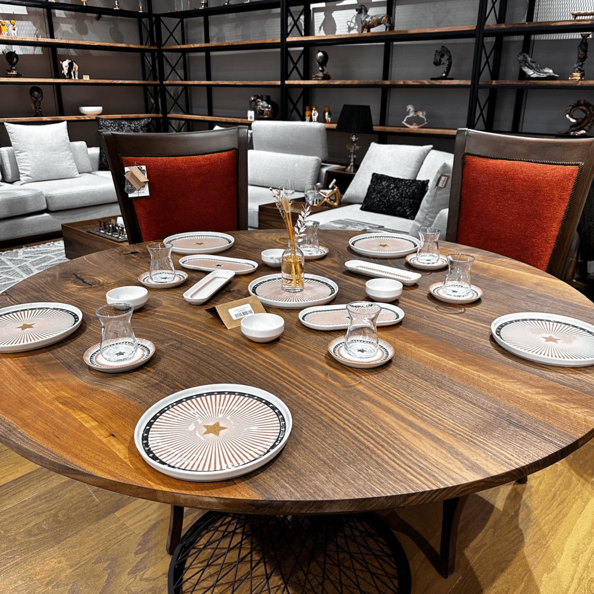 Ferozzi Atlanta Round Dining Table – Walnut Top with Black Metal Base