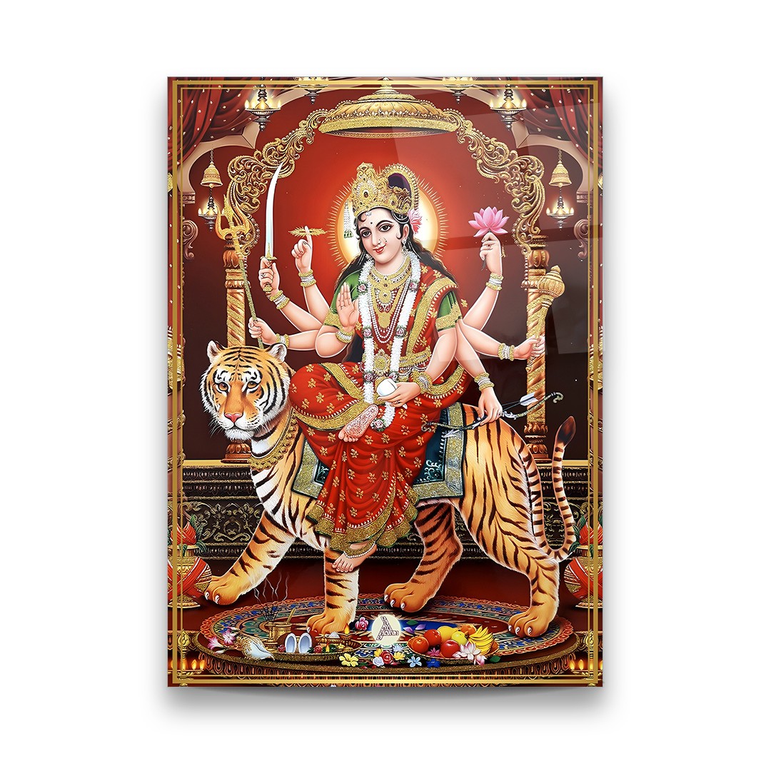 Goddess Durga on Tiger - Premium Tempered Glass Wall Art Rectangle