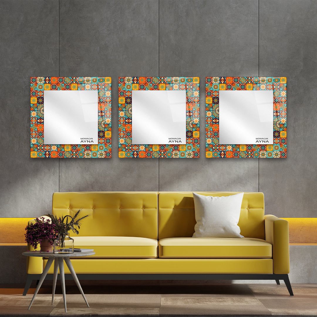 Tile Patterned Glass Mirror Three Piece Set Bodrum  - Square