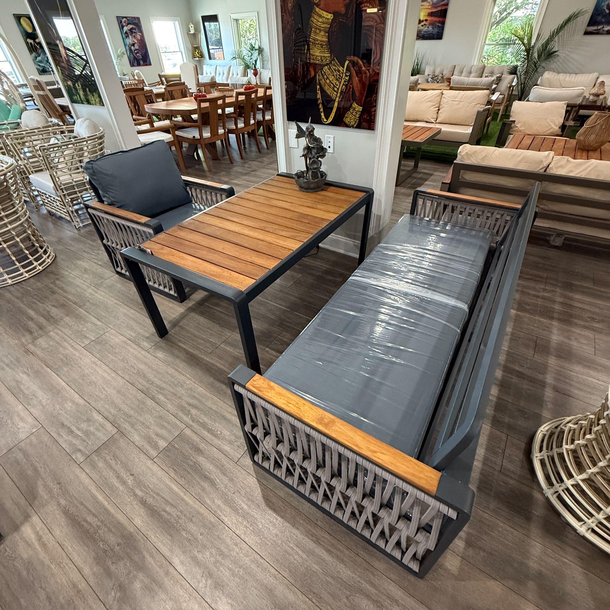 Black Wooden Garden Patio 3+1 Sofa and Table Set
