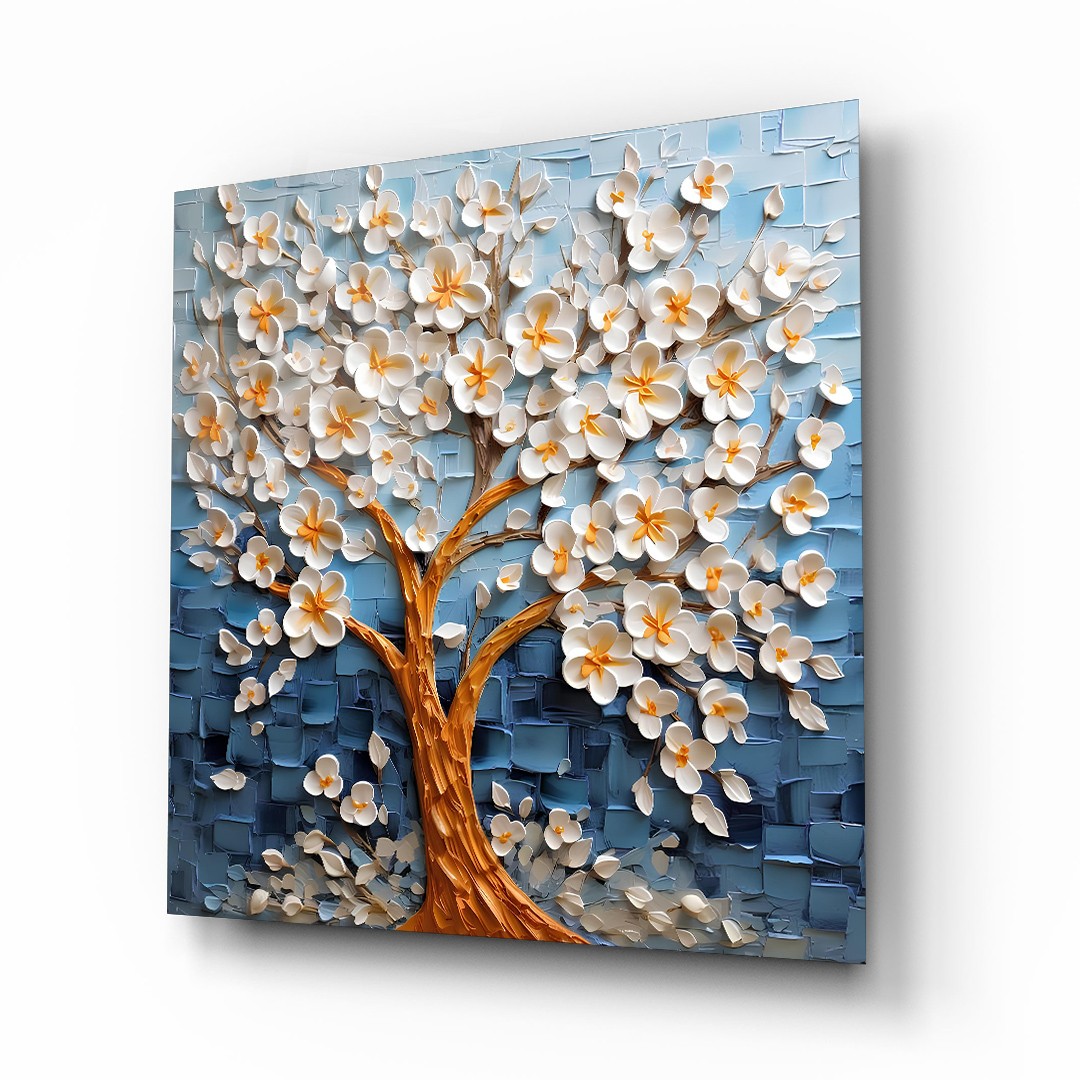 3D Flower With Oil Painting Look - Square Wall Glass Art