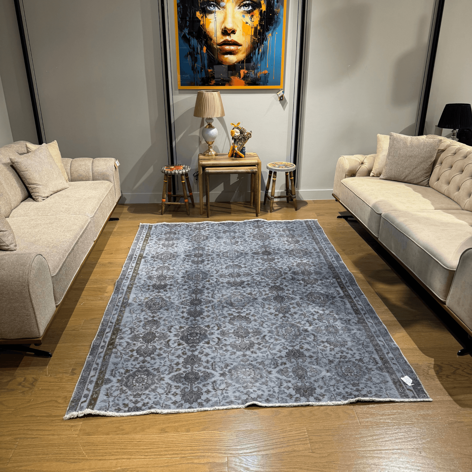 Ferozzi Midnight Elegance Vintage Rug – Handmade Overdyed Wool Carpet – 6x9 Gray & Charcoal Turkish Rug