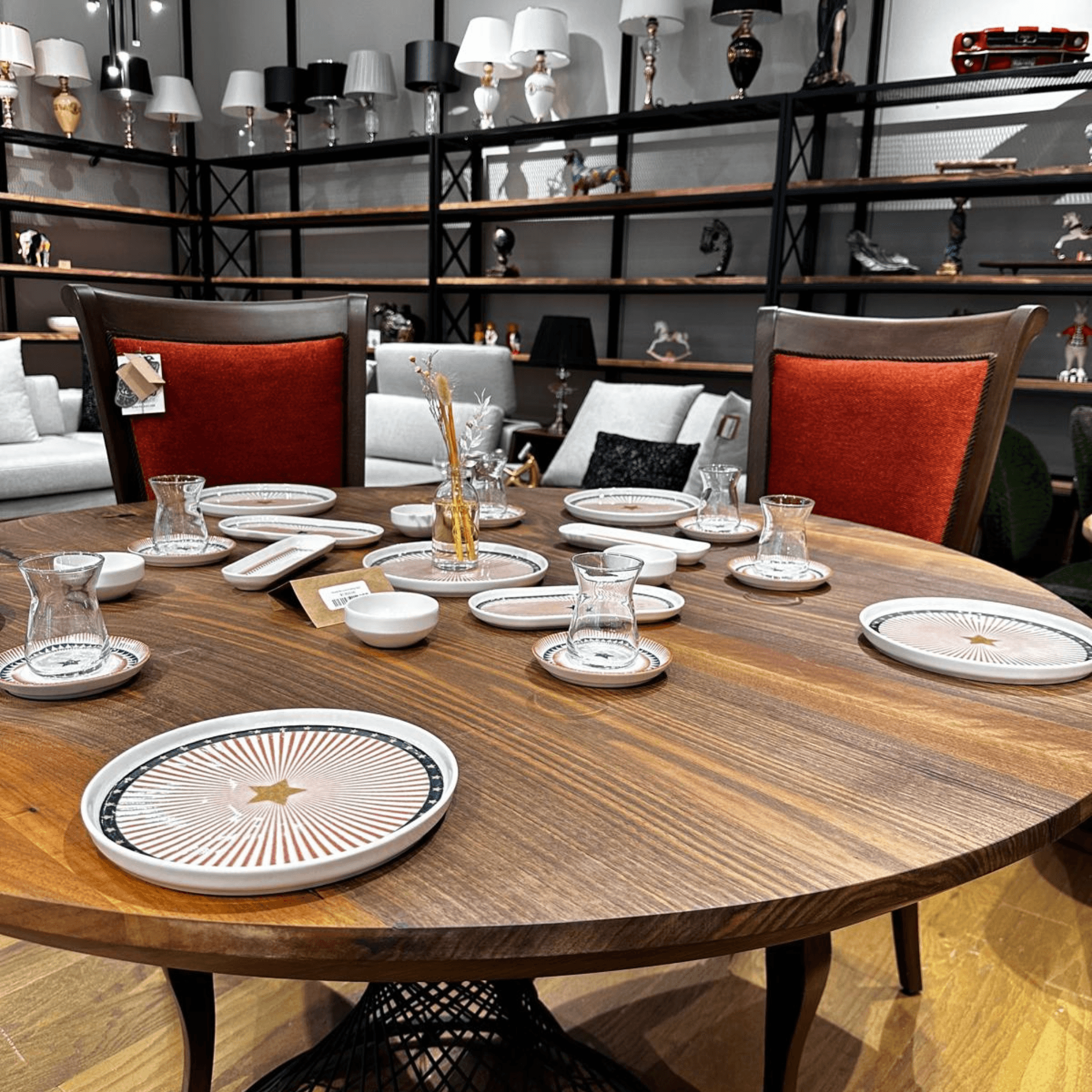 Ferozzi Atlanta Round Dining Table – Walnut Top with Black Metal Base