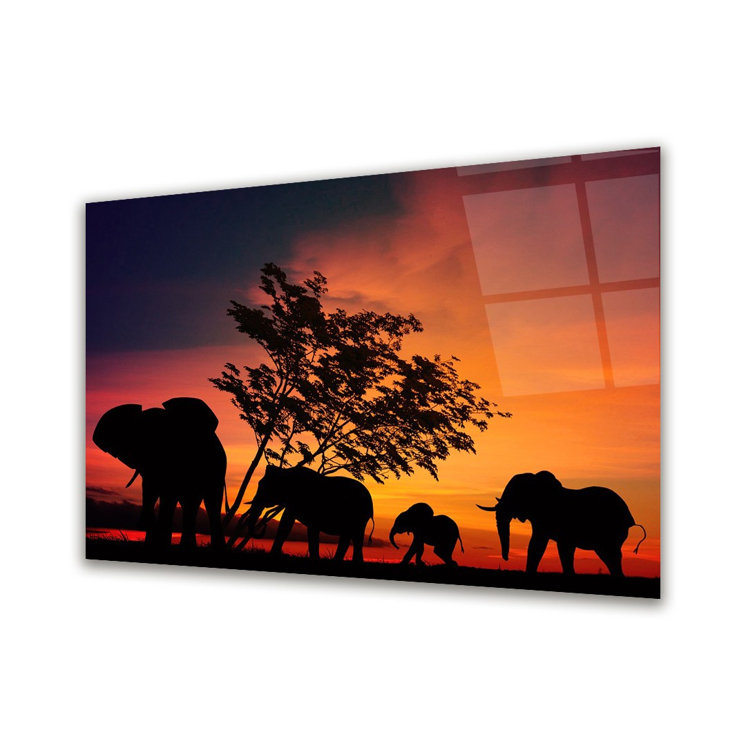 Elephant Family - Horizontal Glass Art