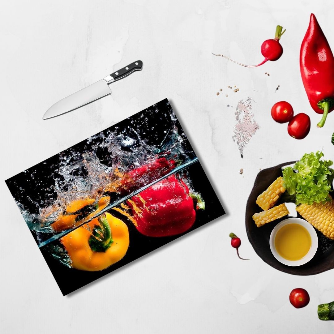 Tempered Glass Cutting Board Durable Shatterproof Kitchen Tool with Yellow and Red Pepper Design  Perfect Gift for Mother’s Day, hristmas and Housewarming