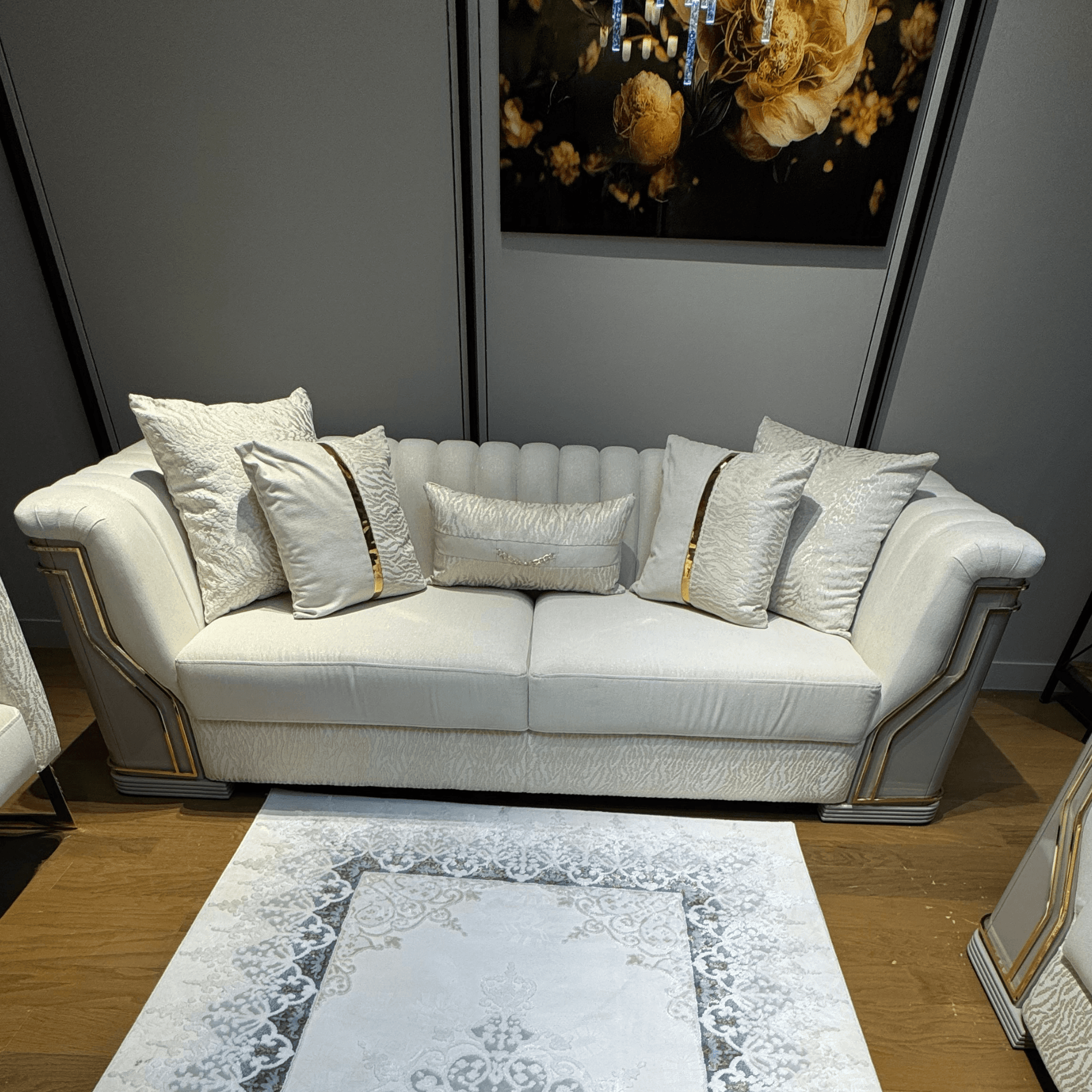 Ferozzi Luxury White Sofa Set with Gold Accents | Modern 3+3+1+1 Living Room Furniture