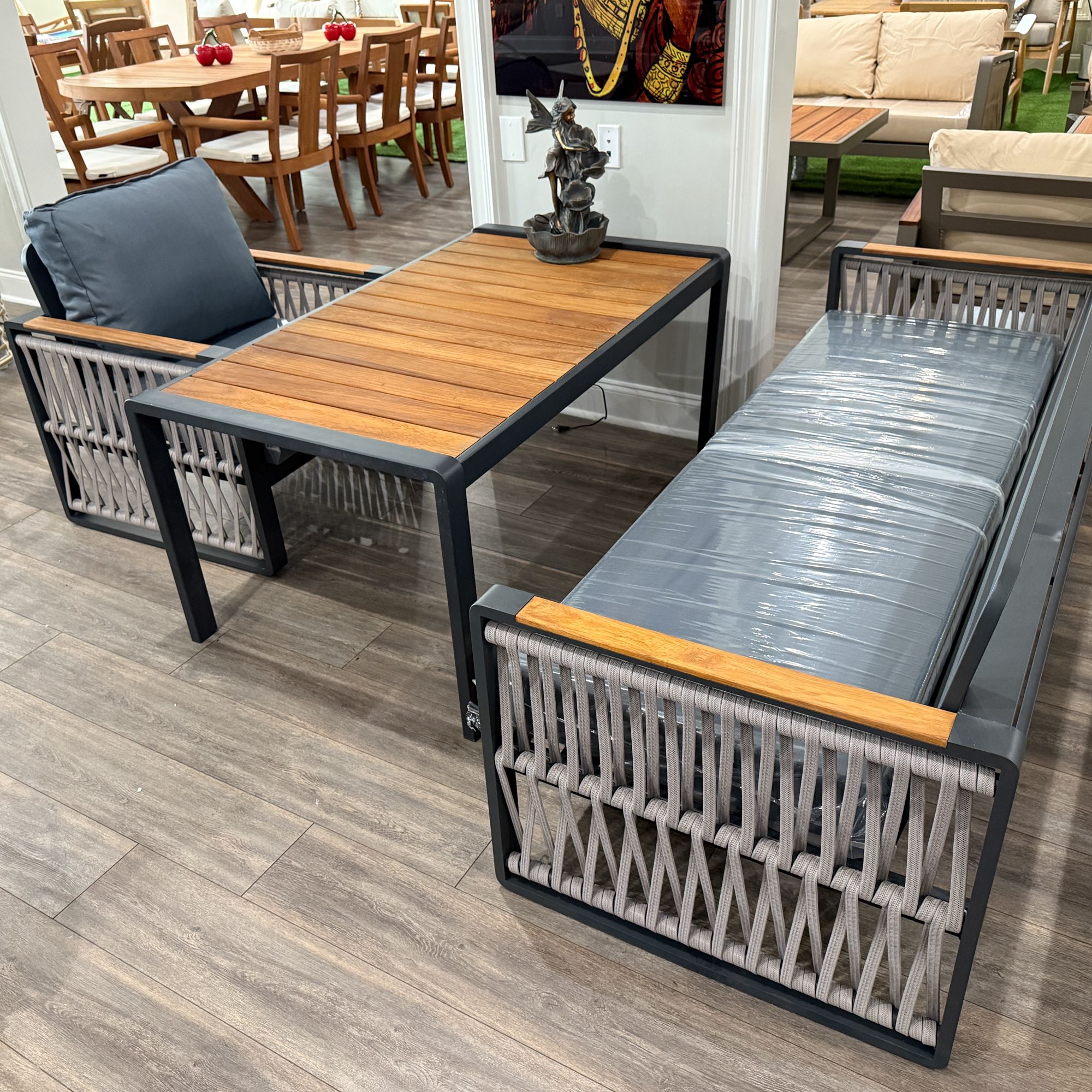 Black Wooden Garden Patio 3+1 Sofa and Table Set