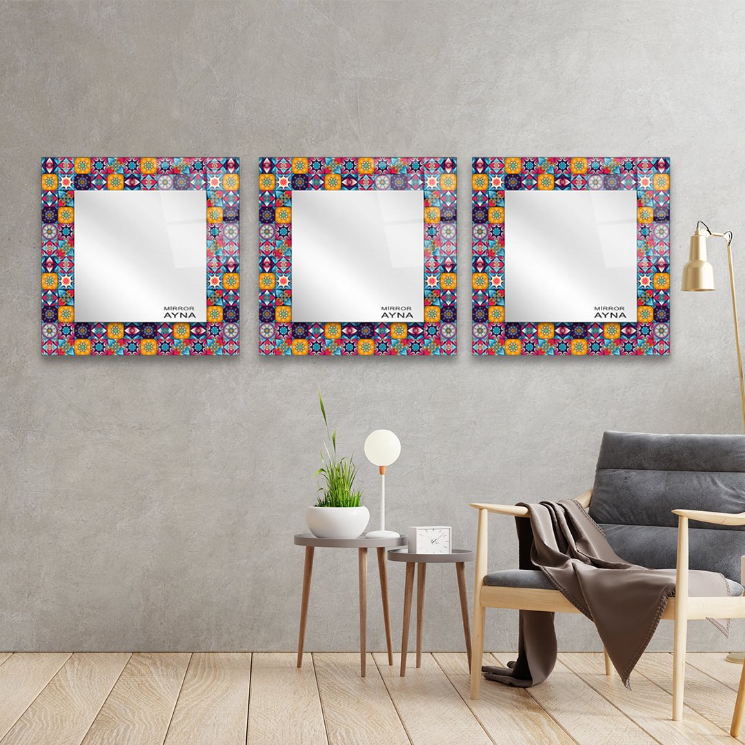 Tile Patterned Glass Mirror Three Piece Set Fethiye  - Square