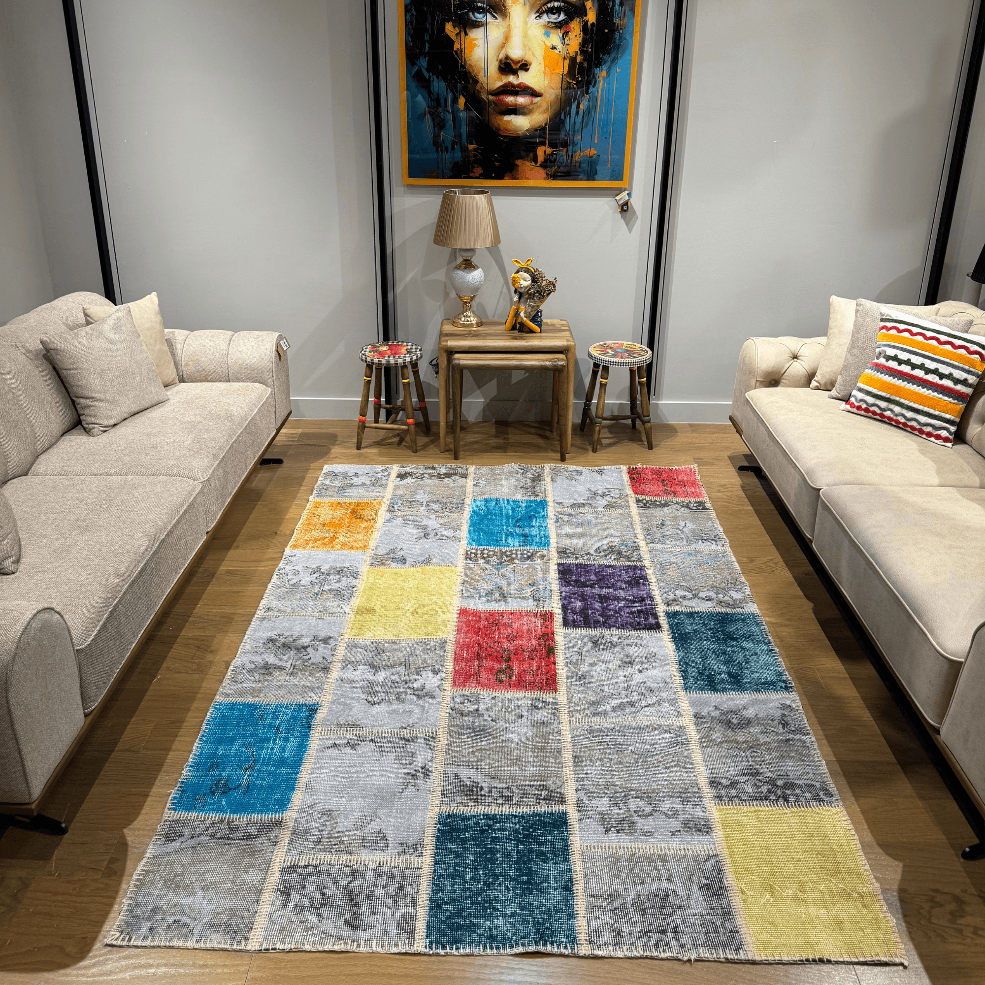 Ferozzi Misty Horizon Patchwork Rug – Handmade Overdyed Wool Rug – 6x9 Gray & Multicolor Vintage Turkish Carpet