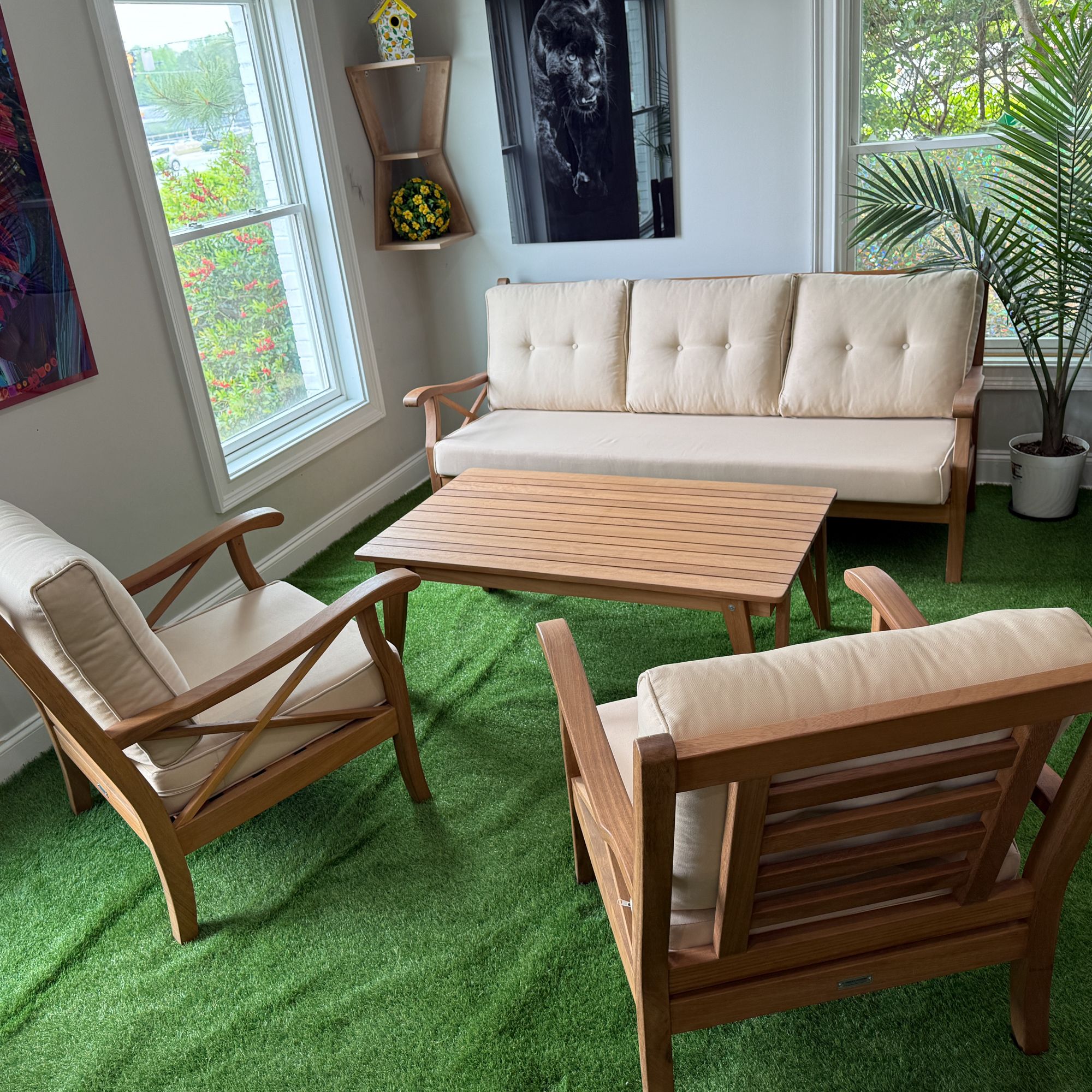 Ferozzi Amalfi Teak Outdoor Lounge Set – 3-Seater Sofa + 2 Armchairs + Coffee Table | All- Waterproof Cushions