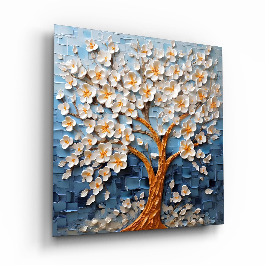 3D Flower With Oil Painting Look - Square Wall Glass Art