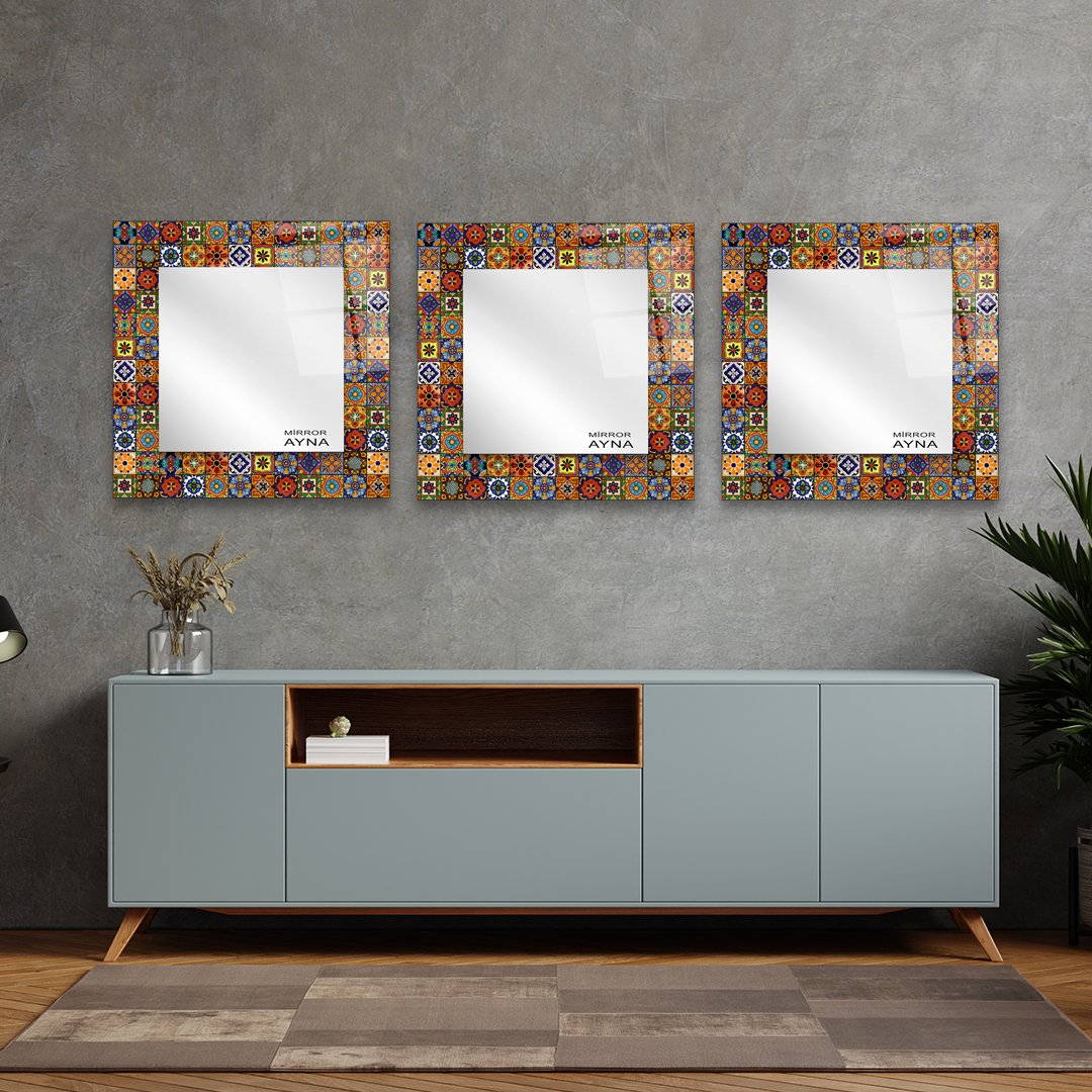 Tile Patterned Glass Mirror Three Piece Set Ayvalik - Square