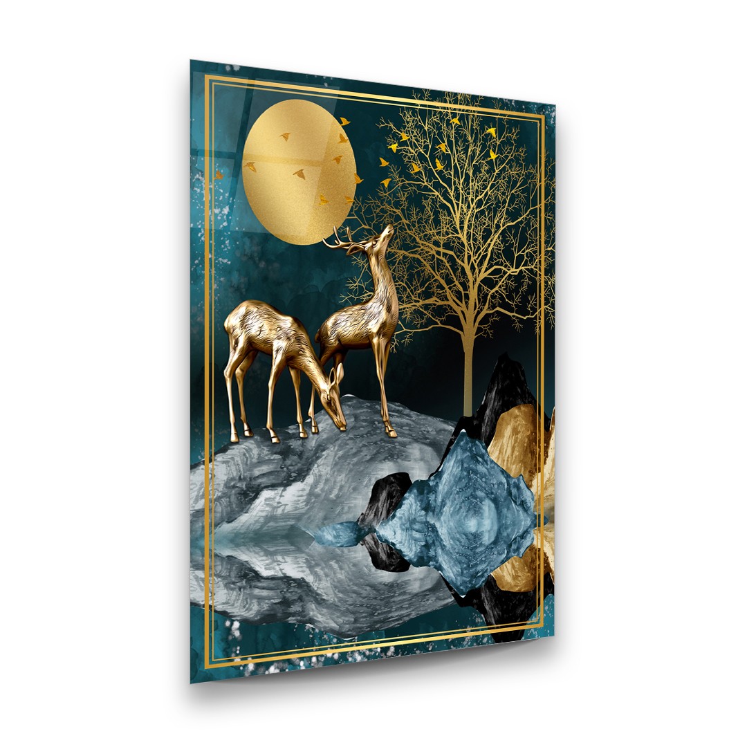 Golden Deer's - Rectangle Wall Glass Art